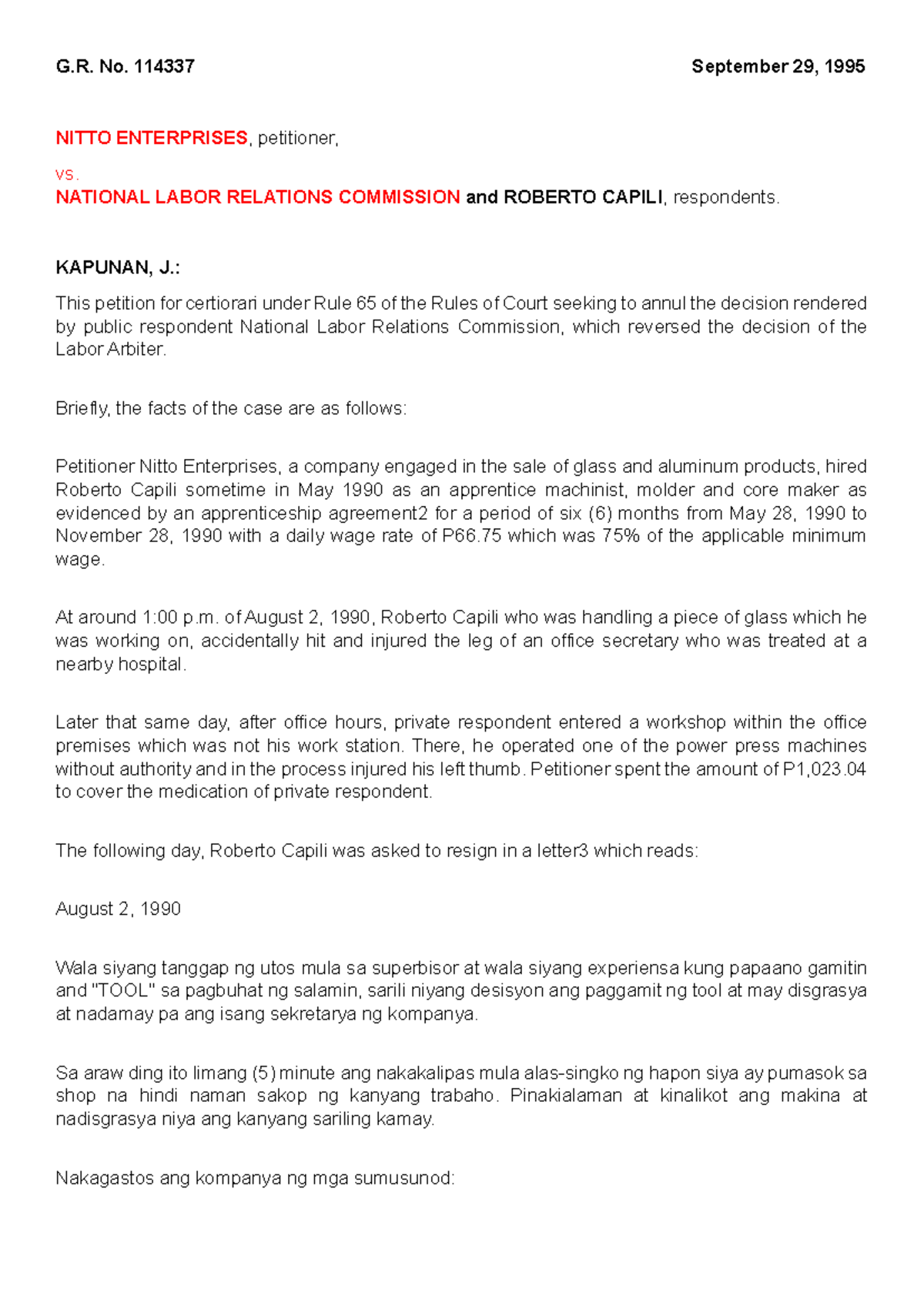 Labor Law Case Study: Nitto Enterprises vs. NLRC, G.R. No. 114337 - Studocu