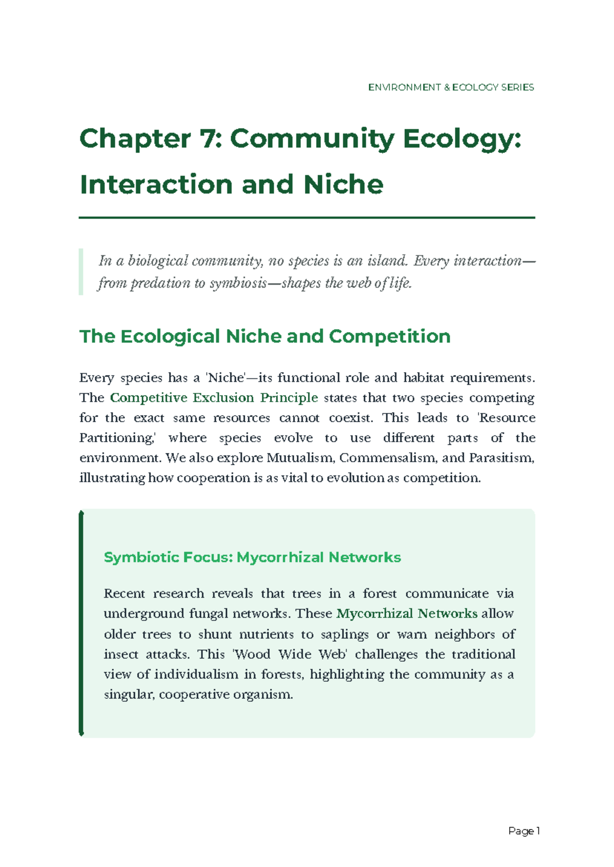 ENVIRONMENTAL SCIENCE Chapter 7: Community Ecology & Niche Interactions ...