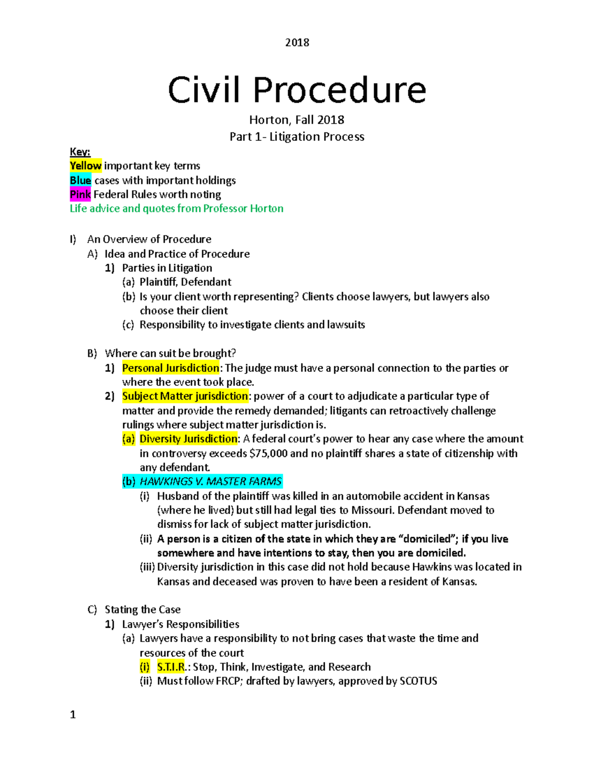 Civil Procedure - Civil Procedure Horton, Fall 2018 Part 1- Litigation ...