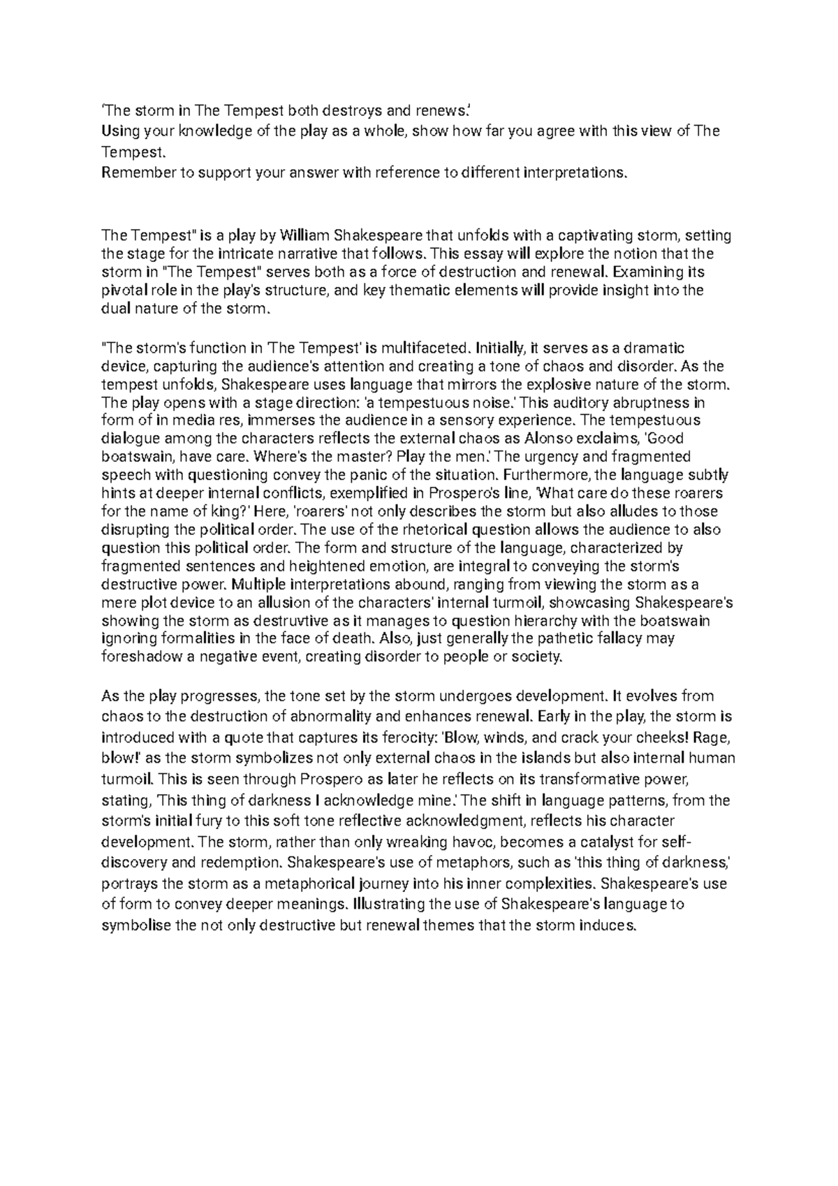 The Tempest (ENG 202): Analyzing the Duality of the Storm in the Play ...