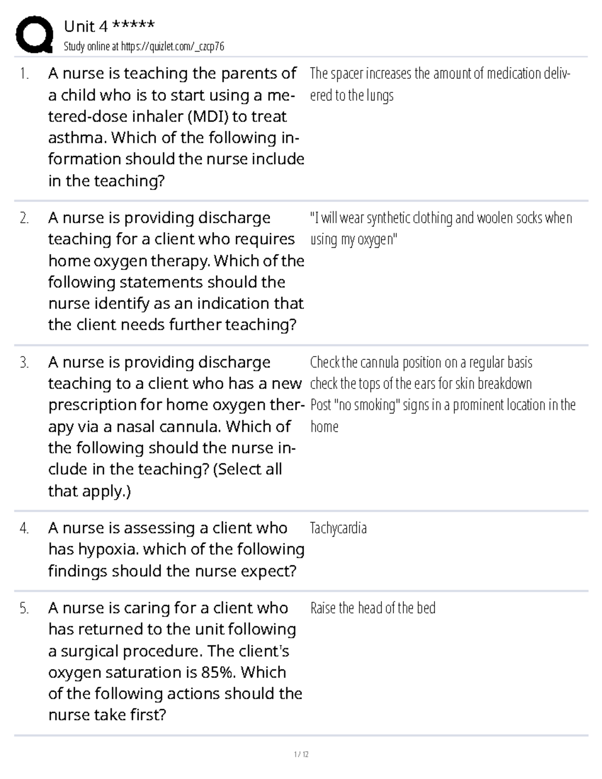 Unit 4 Study Guide: Nursing Interventions for Respiratory Disorders ...