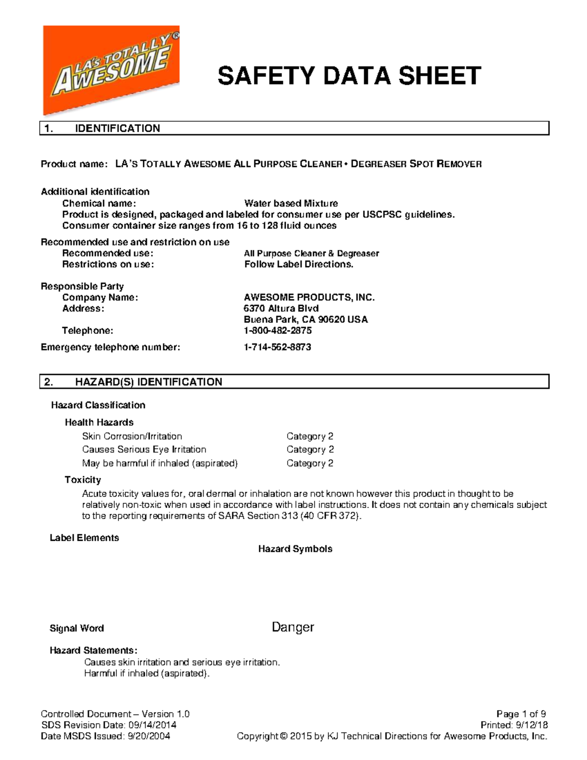 SDS for TOTALLY AWESOME ALL PURPOSE CLEANER DEGREASER SPOT REMOVER ...