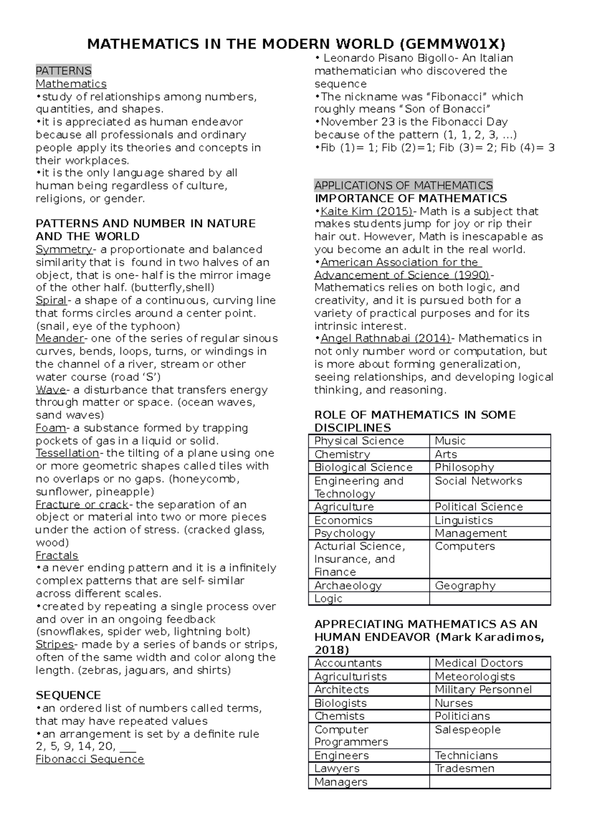 Mathematics MMW 01X - Comprehensive Reviewer on Patterns and Reasoning ...
