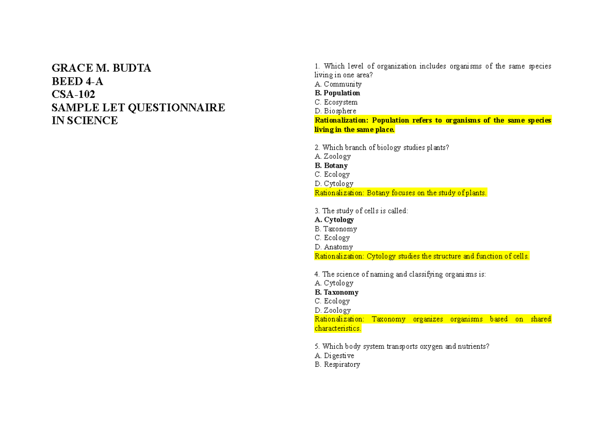 BEED Sample LET Questionnaire in Science: Key Concepts and Questions ...
