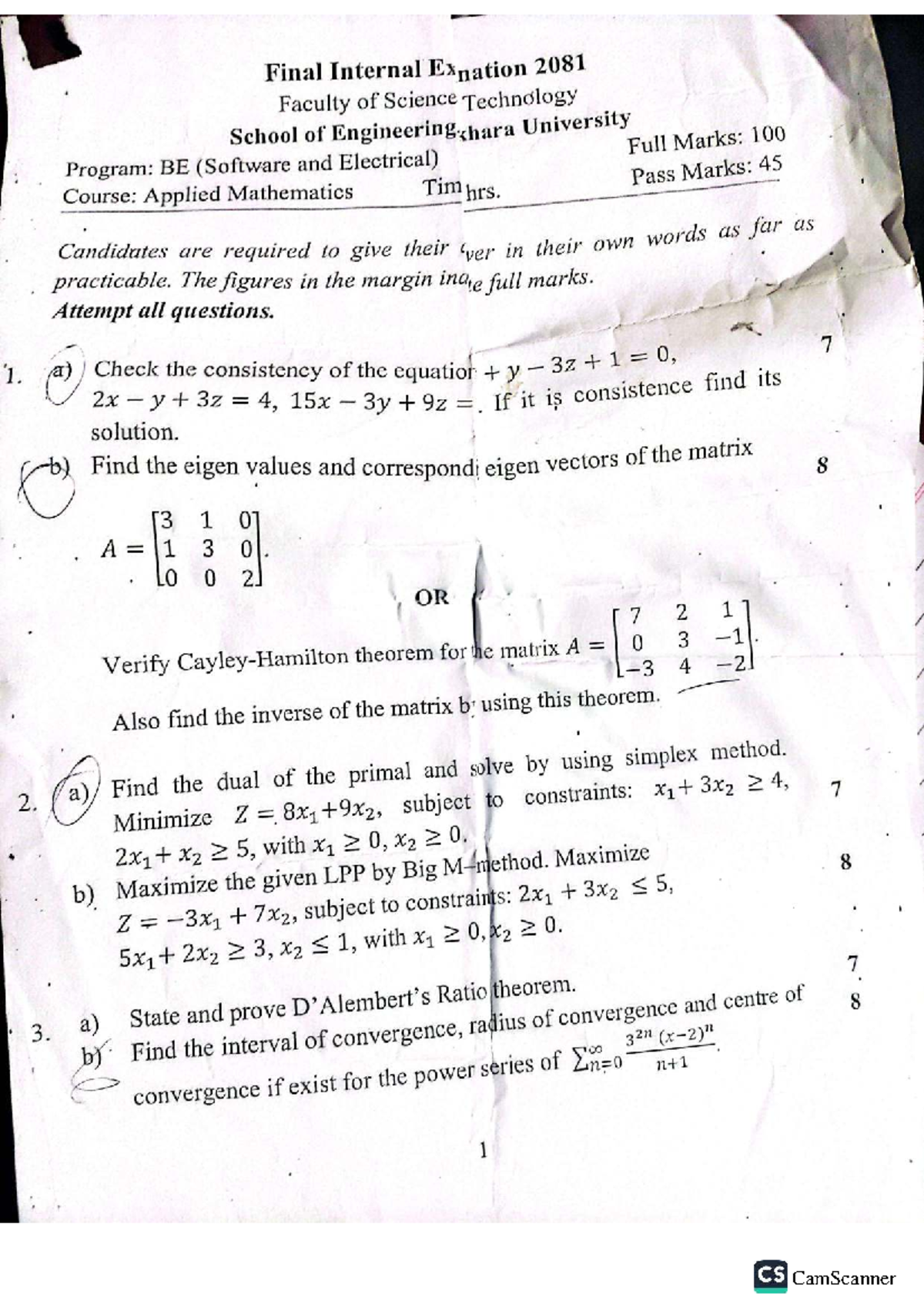 Final Exam Applied Mathematics BE (Software & Electrical) 2081 - Studocu