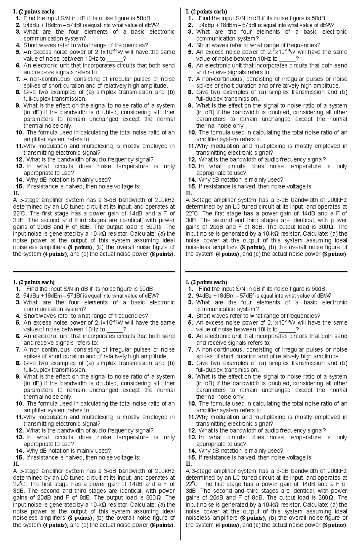 Comm1 q1 1st sem 2012 - exams - I. (2 points each) 1. Find the input S ...