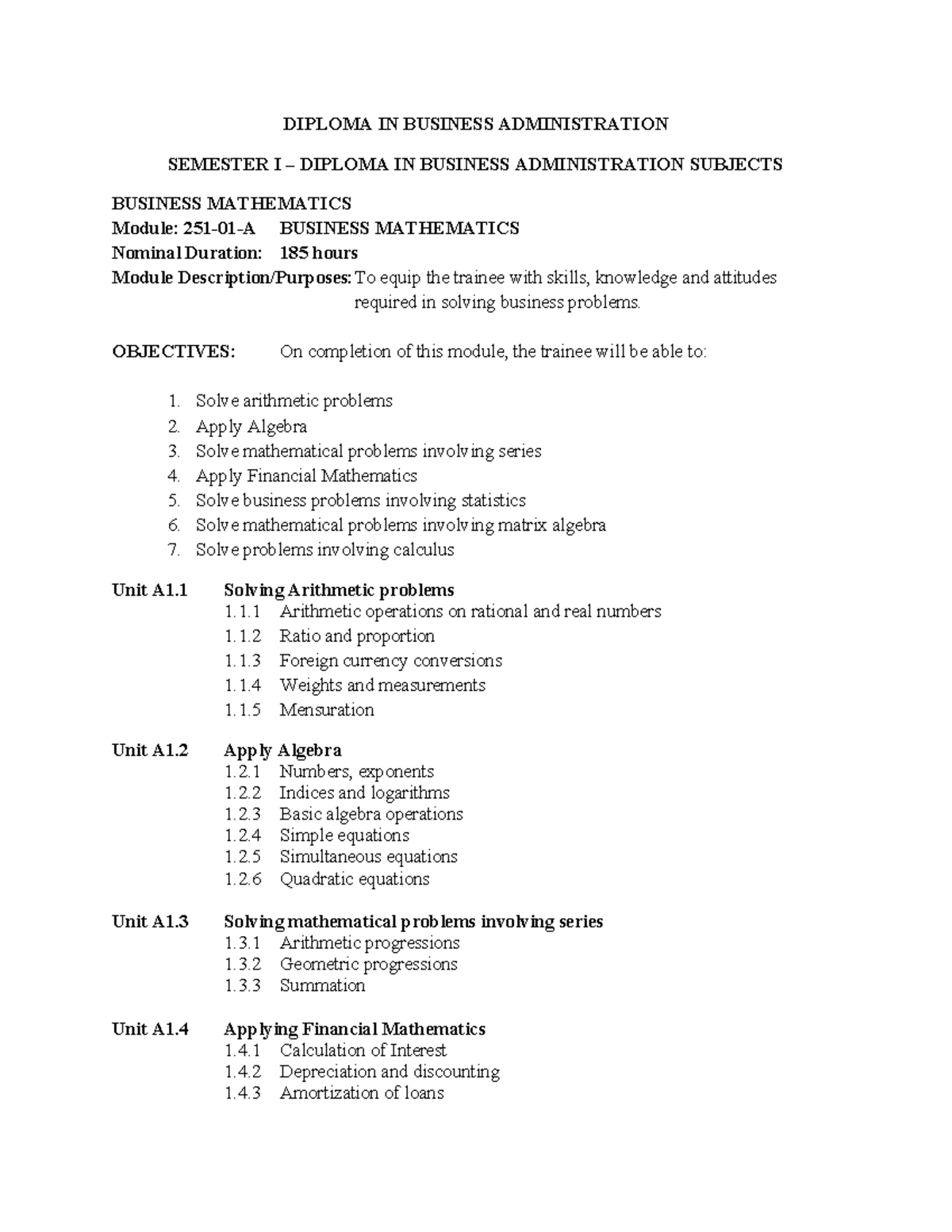 DIPLOMA IN BUSINESS ADMINISTRATION: BUSINESS MATHEMATICS Module ...