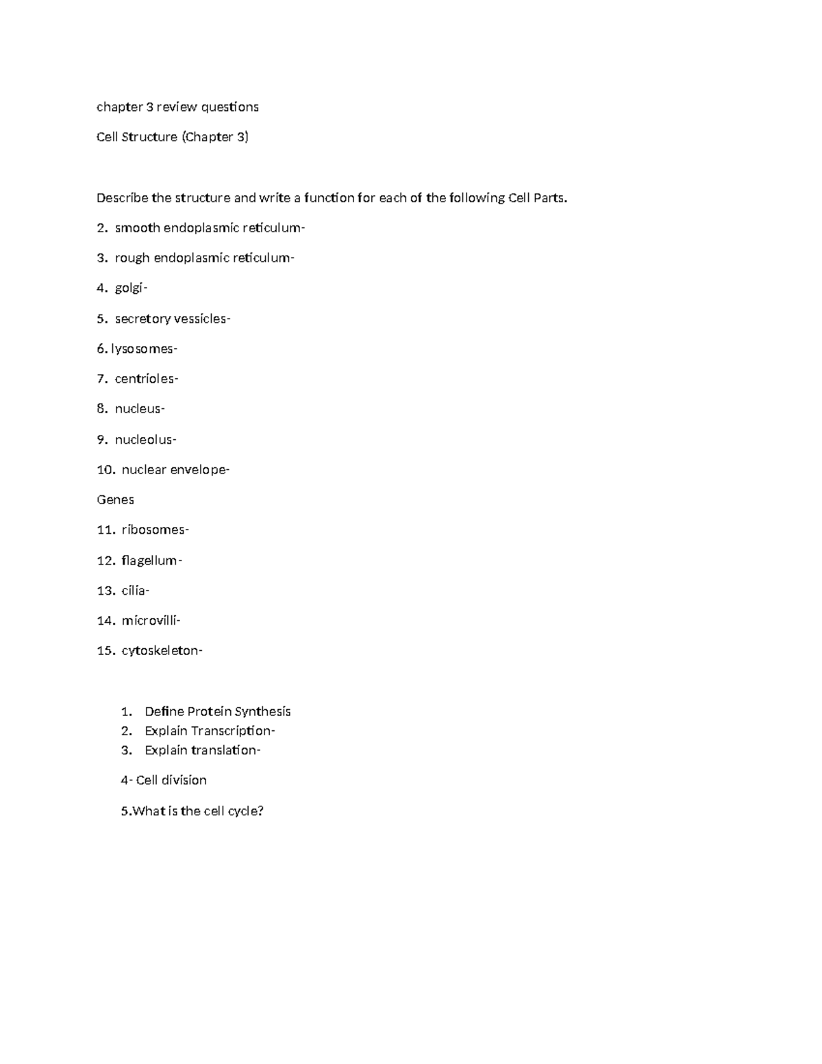 Ch 3 review - cytology - chapter 3 review questions Cell Structure ...