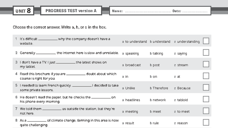 U8 PROGRESS TEST Version A - B2 Upper Intermediate - Studocu