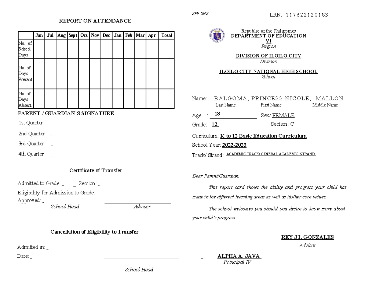 LRN: 1 1 7 6 2 2 1 2 0 1 8 3 Attendance & Progress Report Card for ...