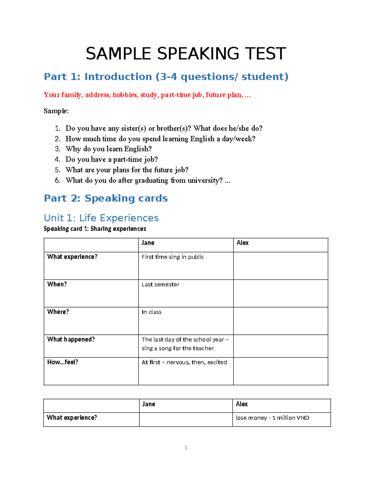 TA3 Speaking Test: Sample Questions & Speaking Cards for Practice - Studocu