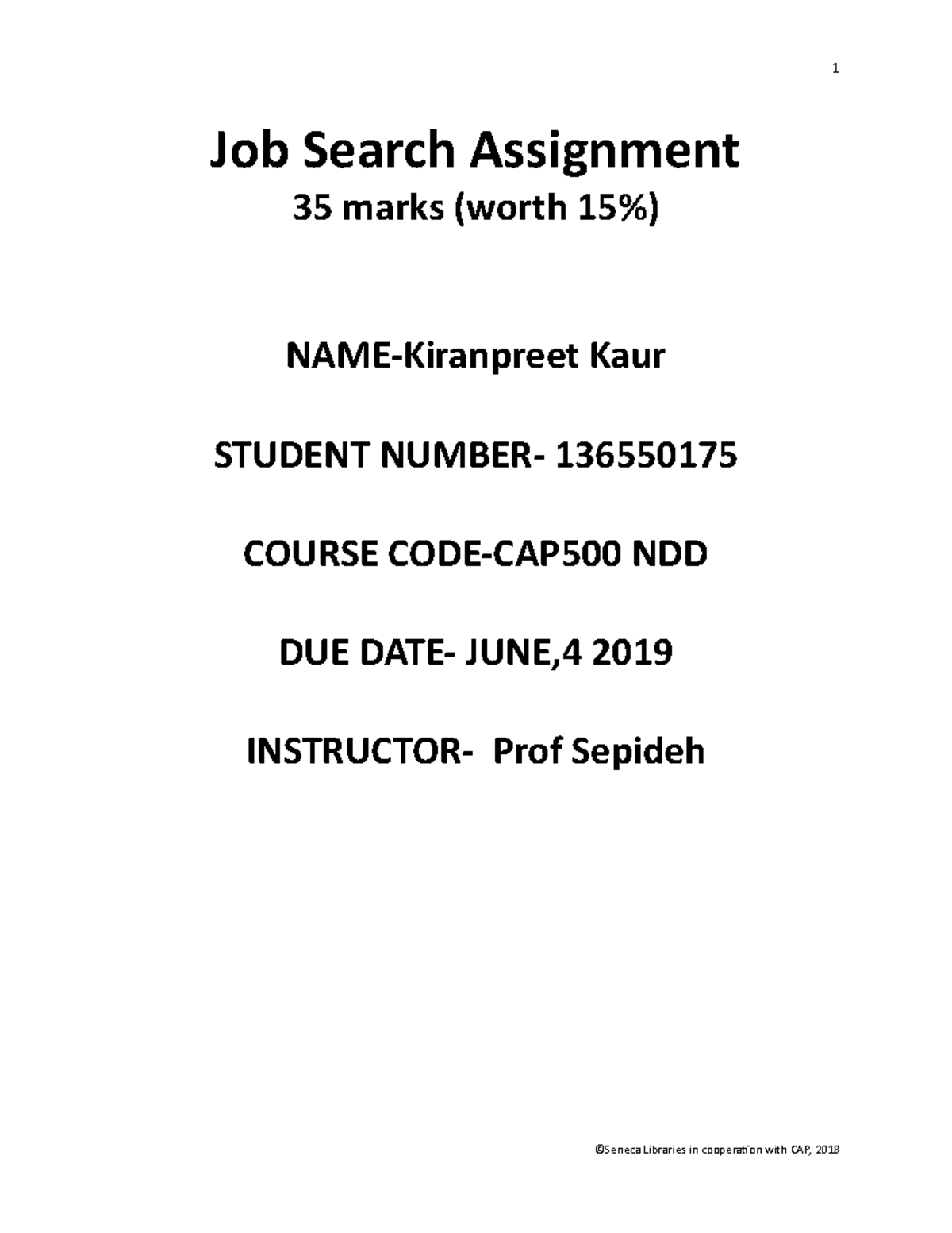 CAP500 NDD - Job Search Assignment Guide and Research Details - Studocu