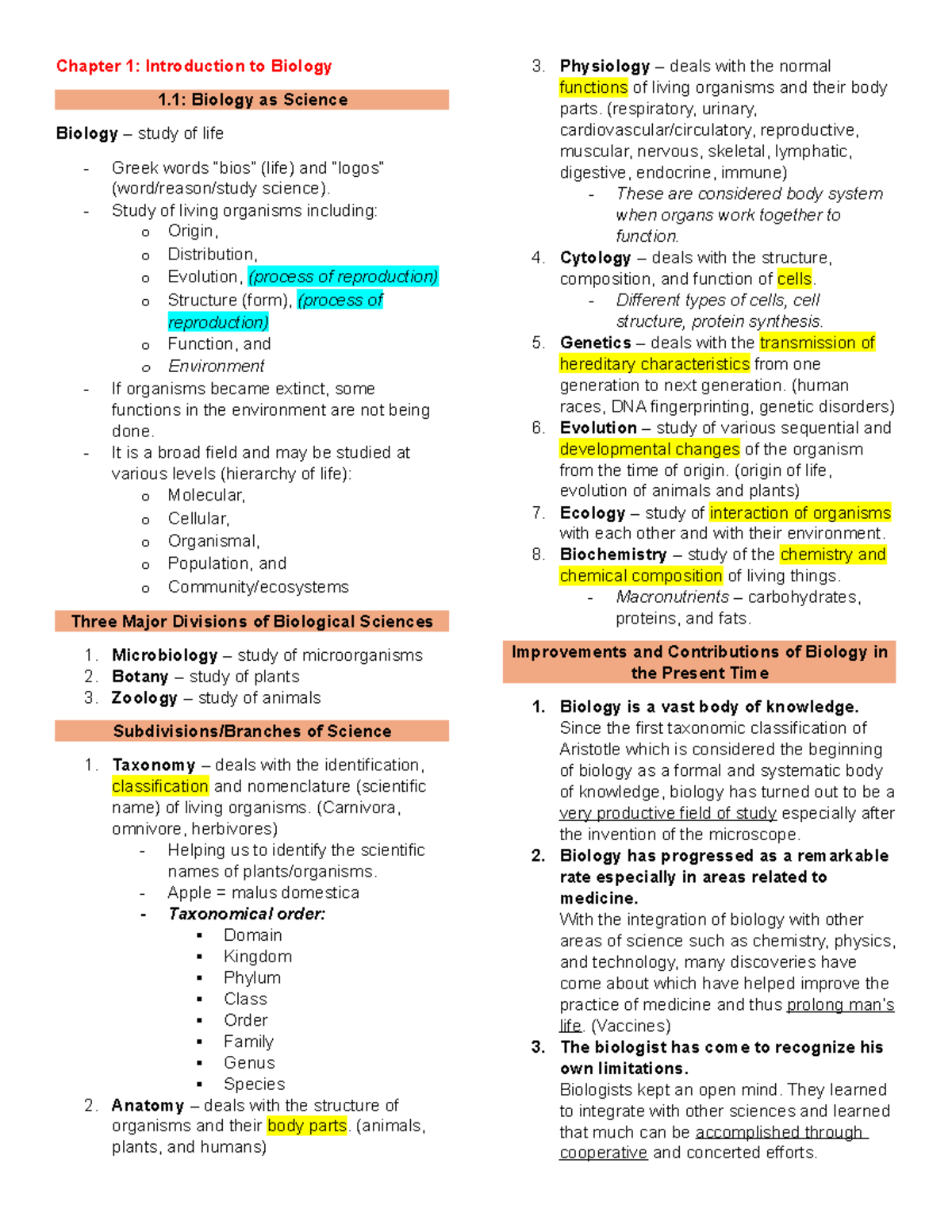 BIO101: Chapter 1 - Introduction to Biology and Levels of Organization ...
