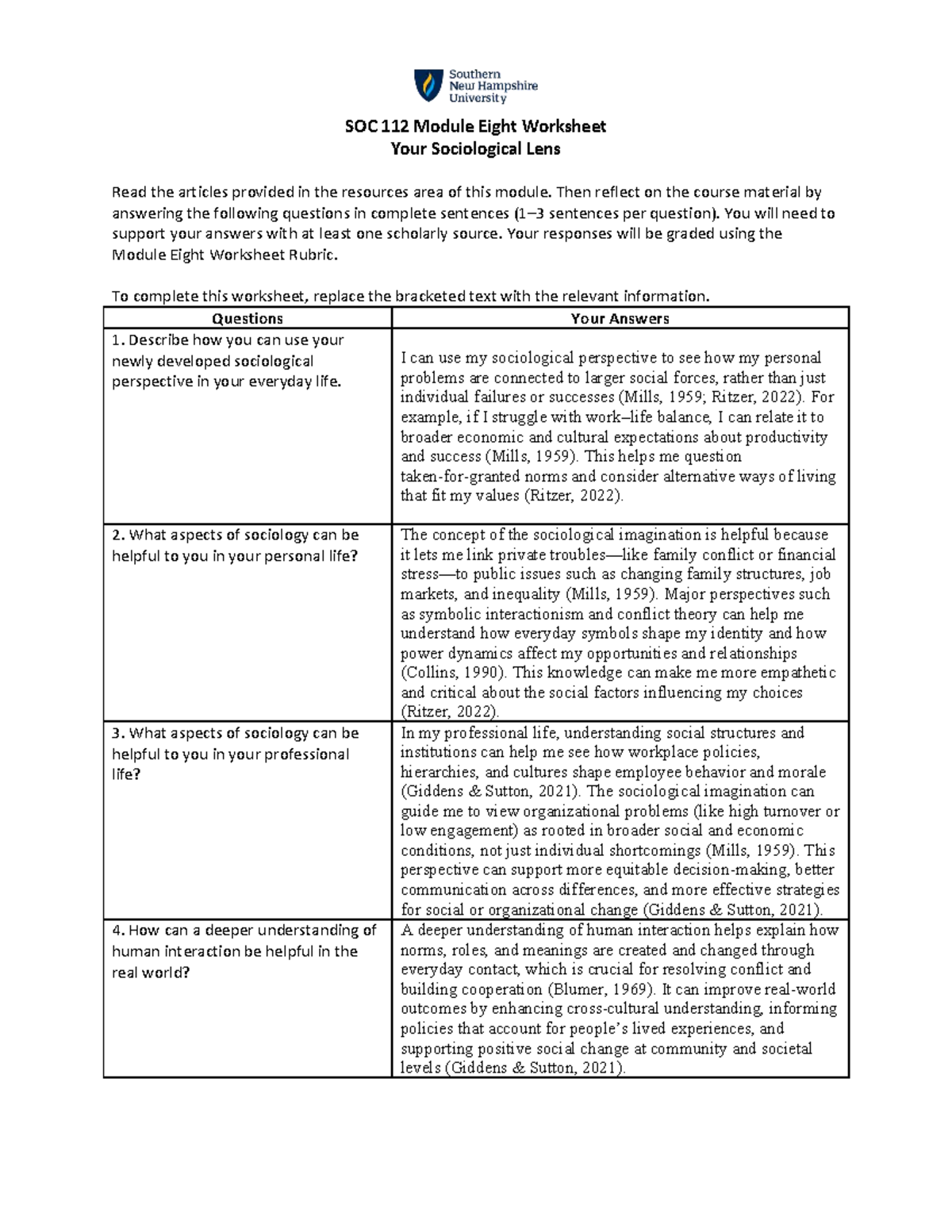 SOC 112 Module Eight Worksheet: Applying Sociological Perspectives ...