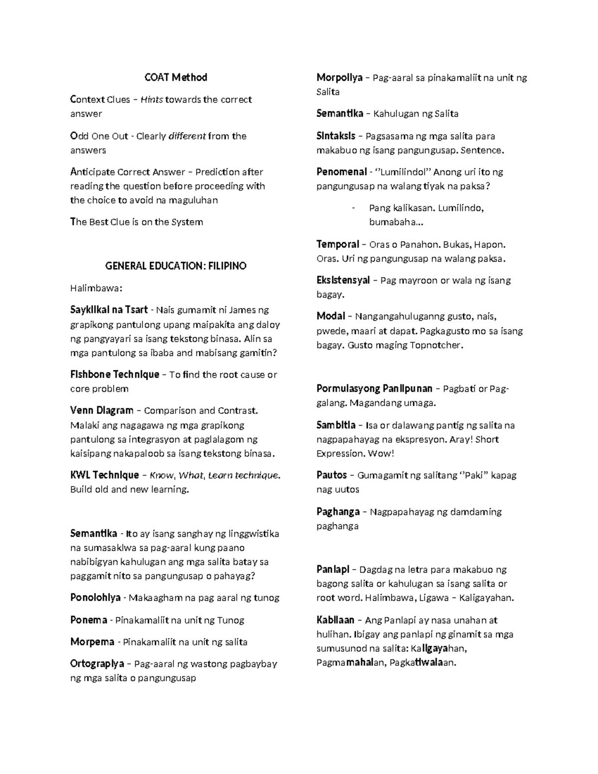 COAT Method: Context Clues and Language Techniques in Filipino 2 - Studocu