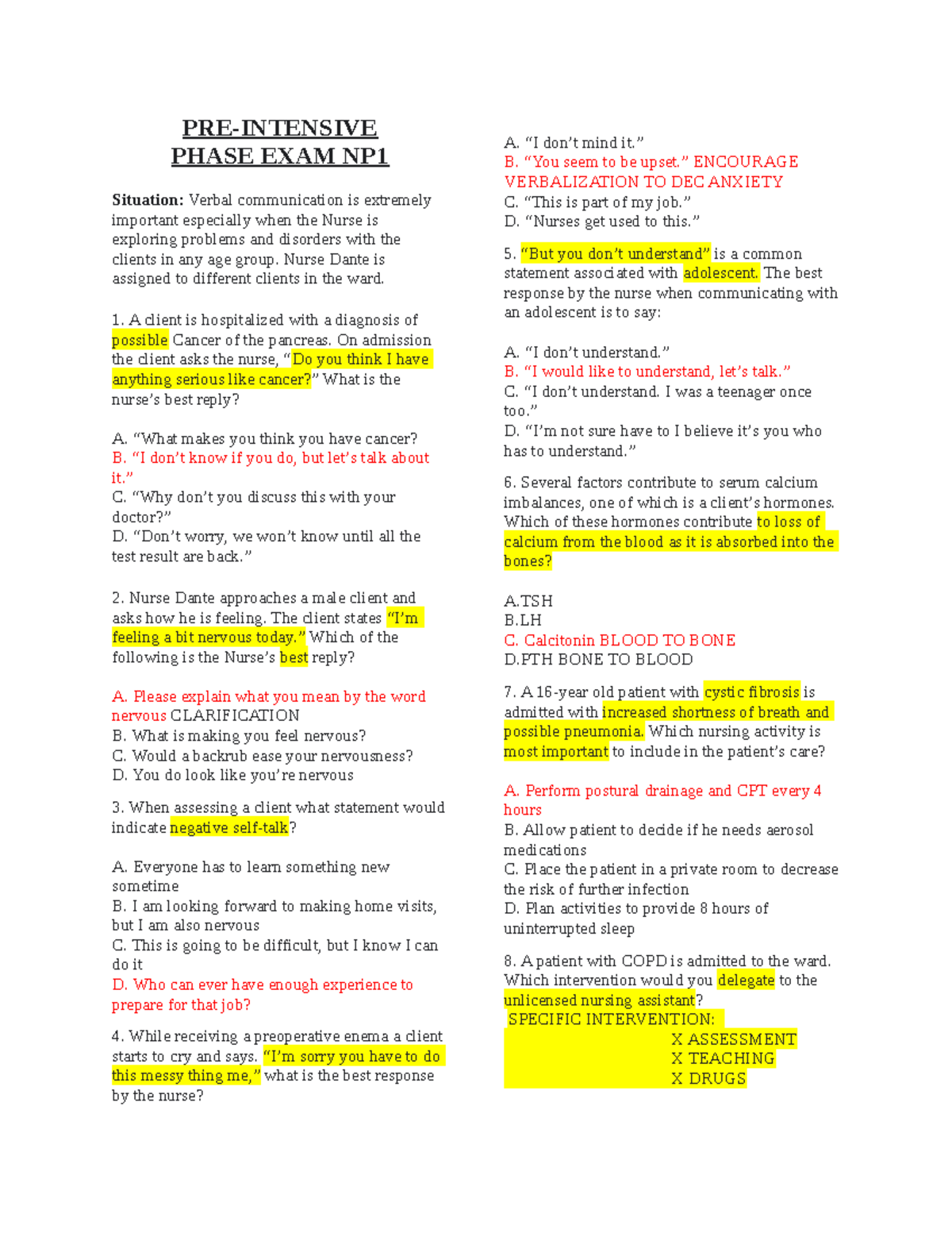 **Title: PRE Intensive Phase Exam Questions - NP1 NP5 Review** - Studocu
