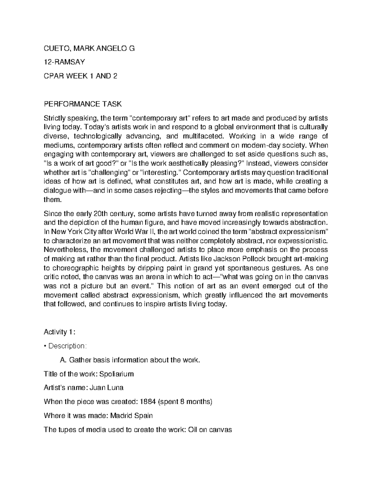 CPAR 12-RAMSAY: Performance Task on Contemporary Art Analysis - Studocu