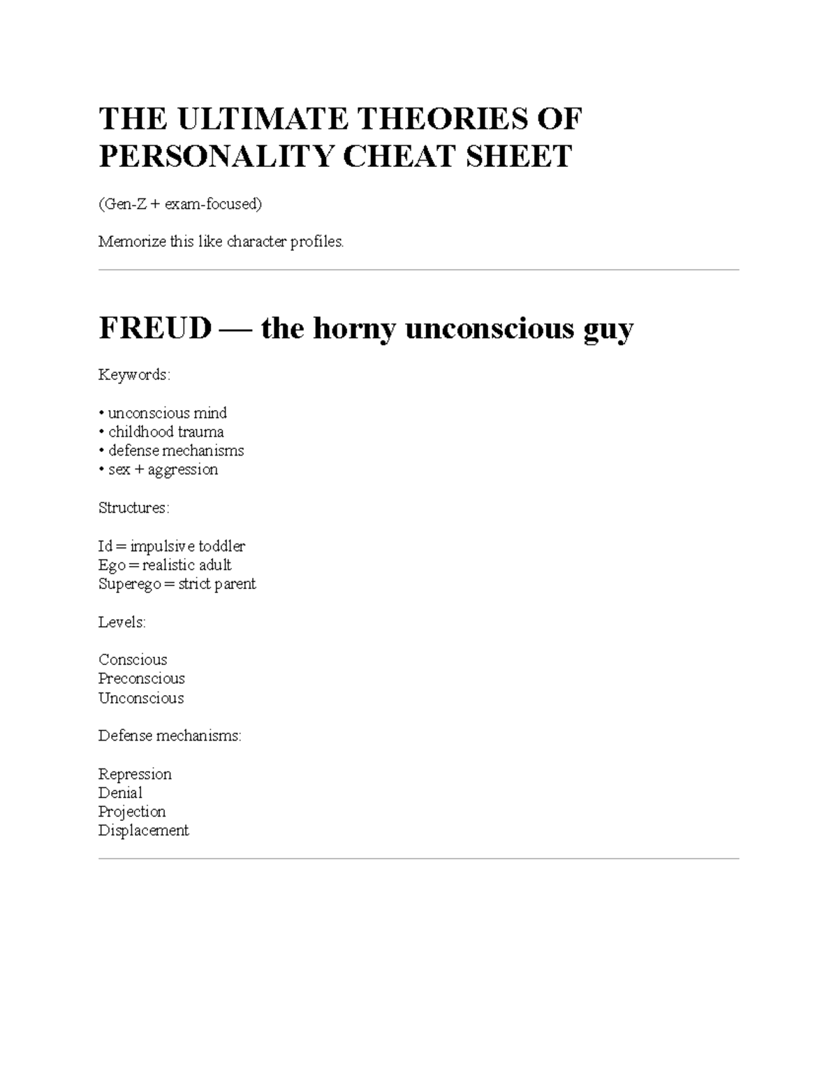 PSY 101: Ultimate Theories of Personality Cheat Sheet for Exams - Studocu