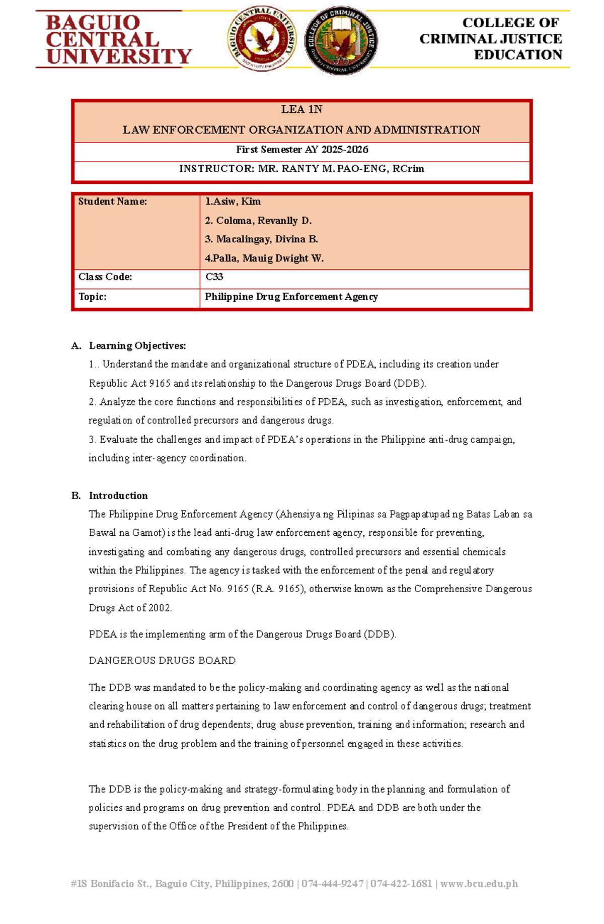 LEA 1N PDEA Report: Structure, Functions, and Challenges - Studocu