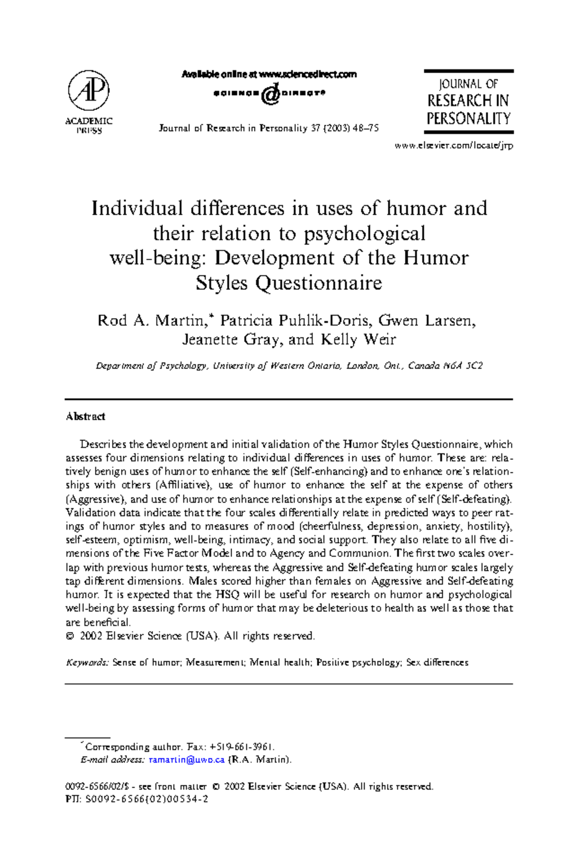 Development and Validation of the Humor Styles Questionnaire (HSQ ...