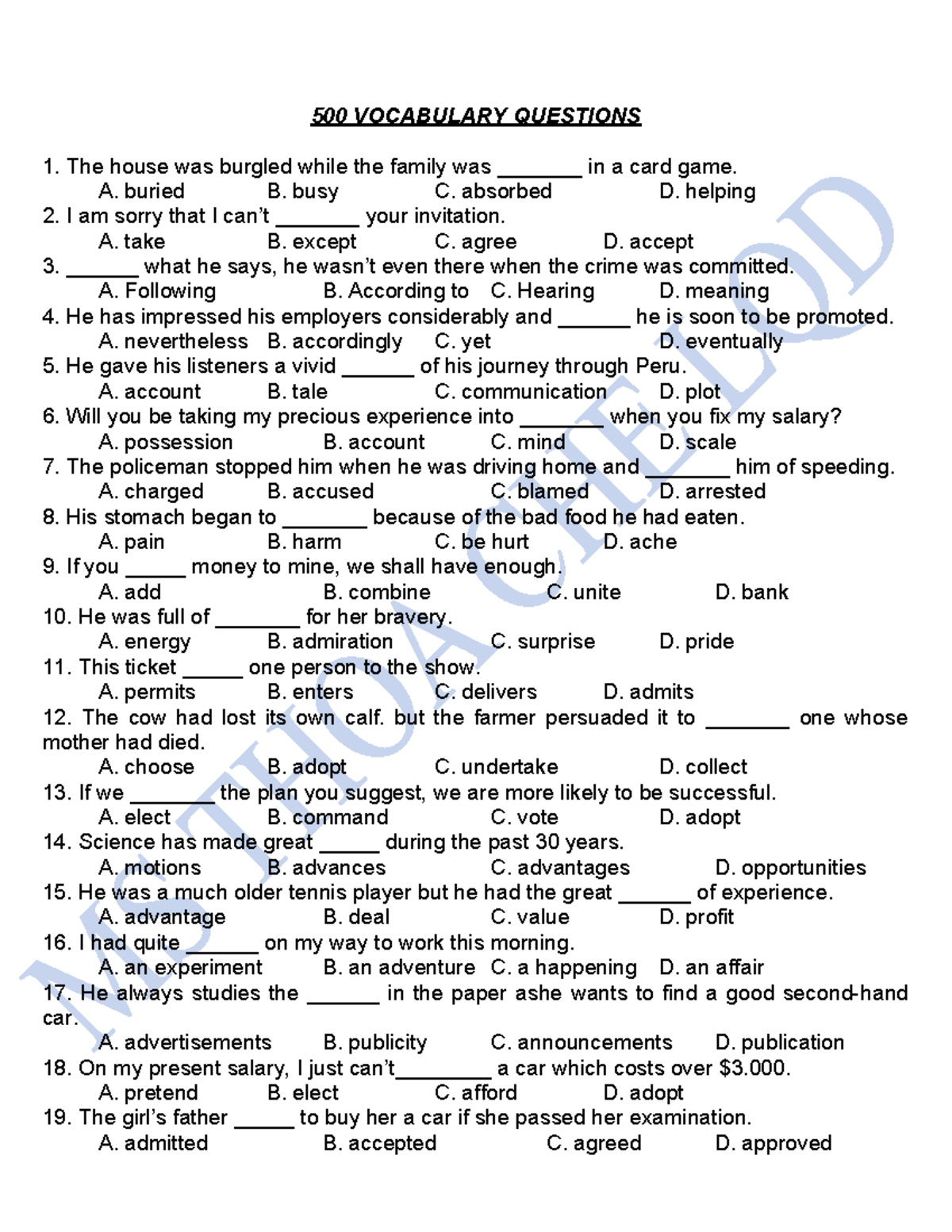 500 Vocabulary Questions for Language Mastery - Studocu