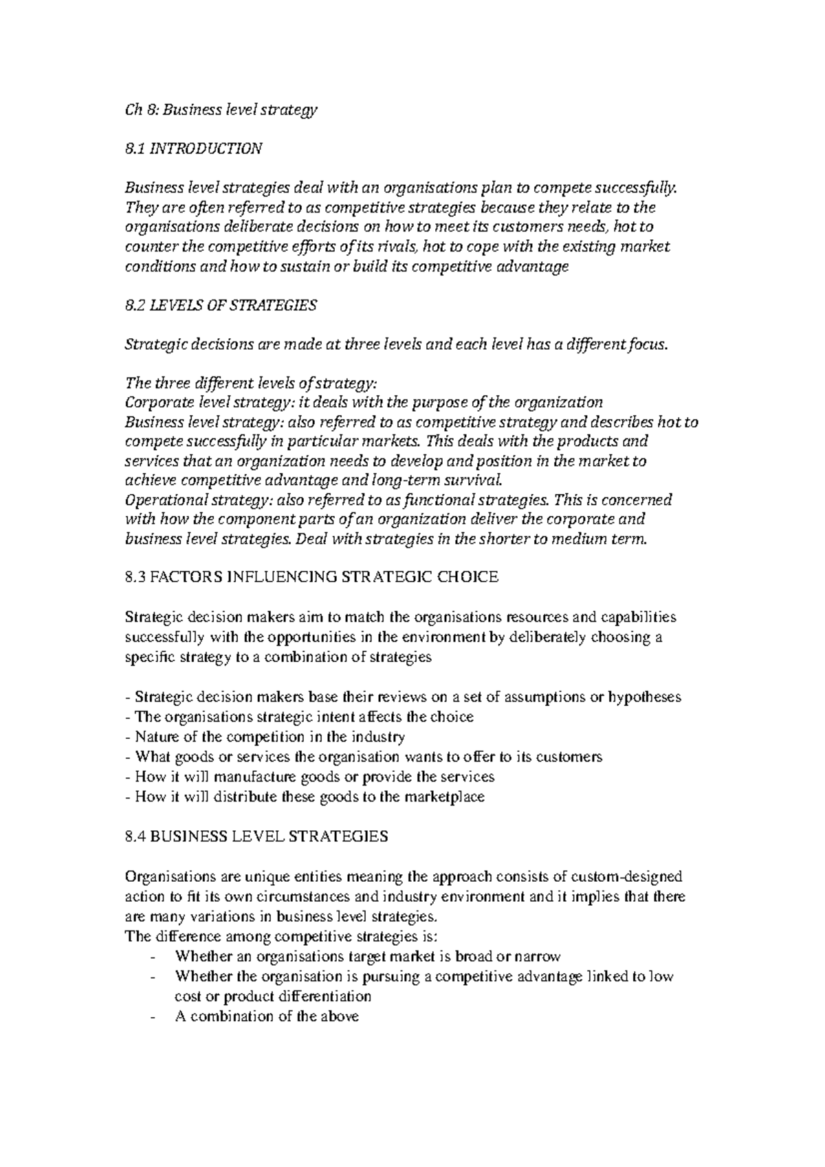 Ch 8 - Business Level Strategy in Strategic Management Analysis - Studocu