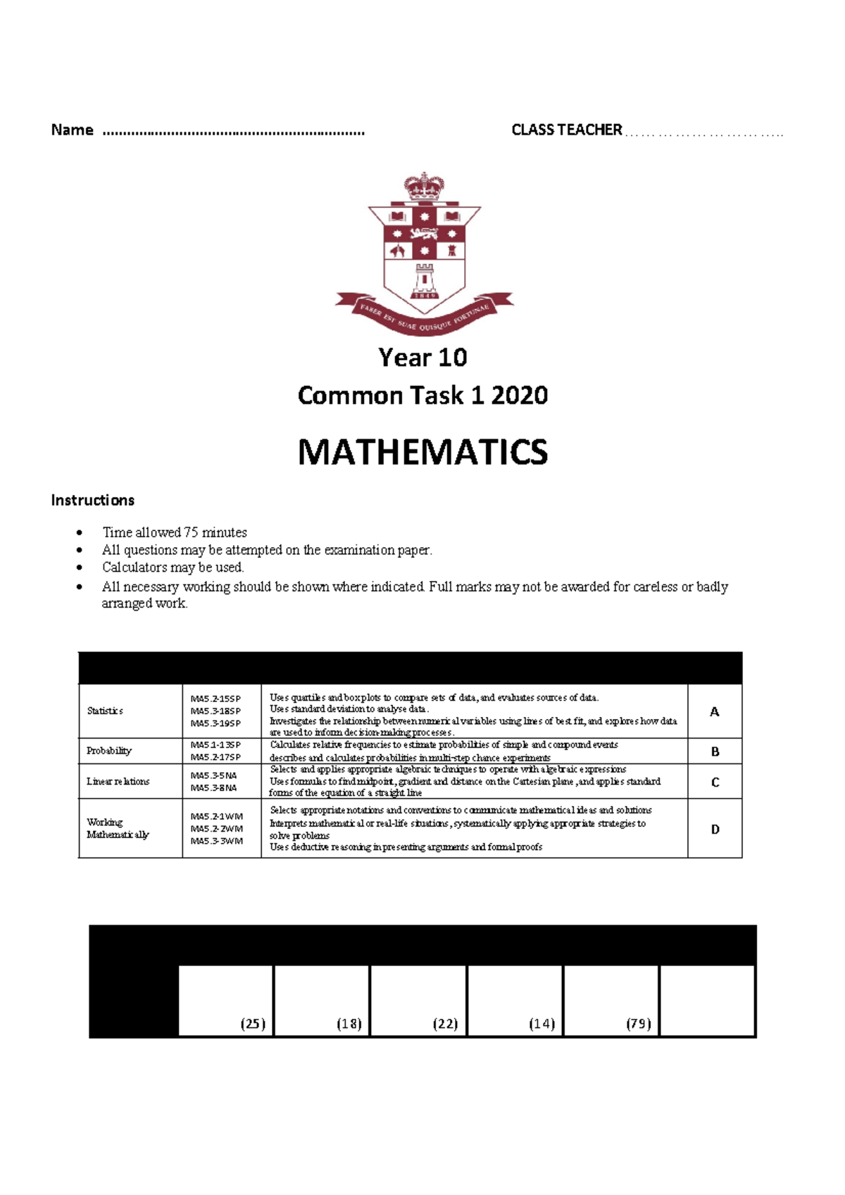 Year 10 Mathematics - FSHS Common Task 1 Test Questions 2020 - Studocu