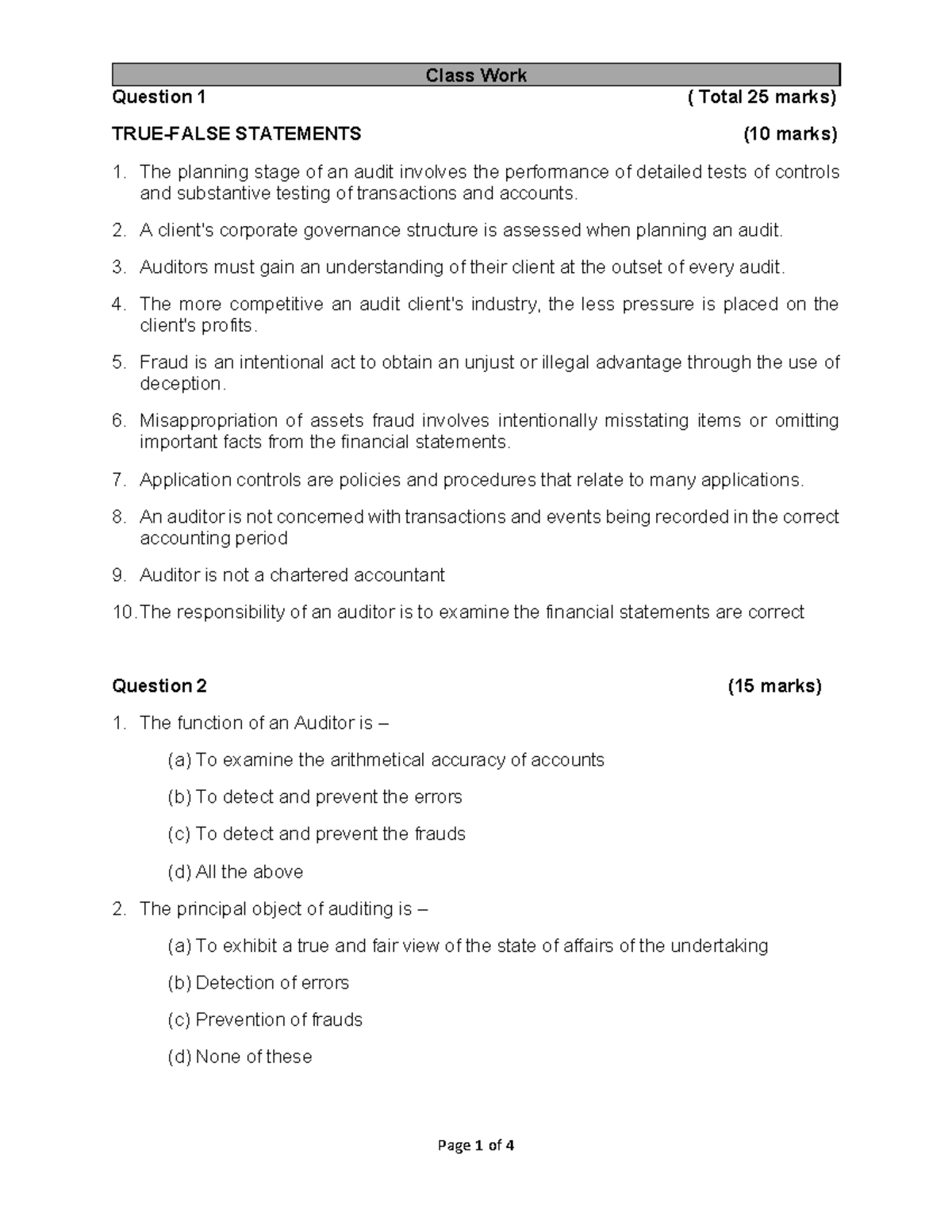 Auditing Class Work Questions & Answers (PT 31) - Studocu