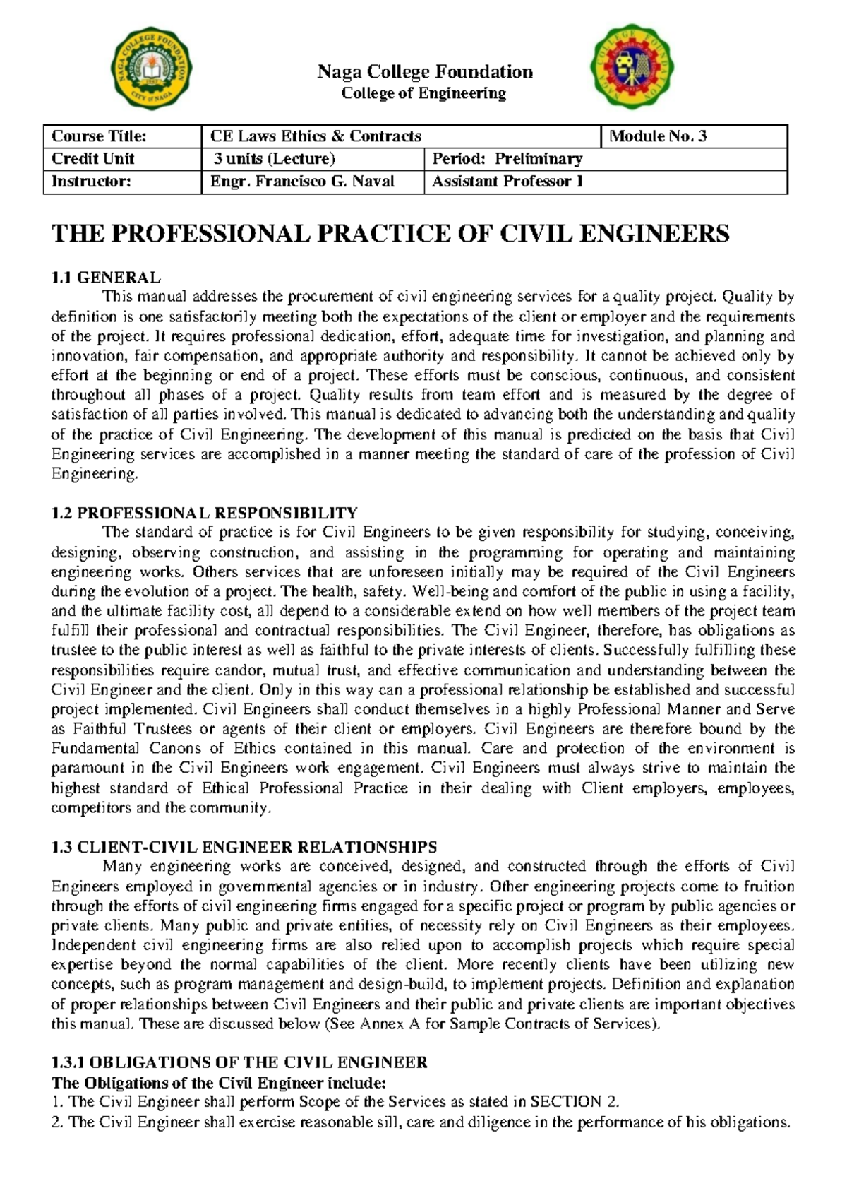 Module 3: Professional Practice of Civil Engineers (CE Laws, Ethics ...