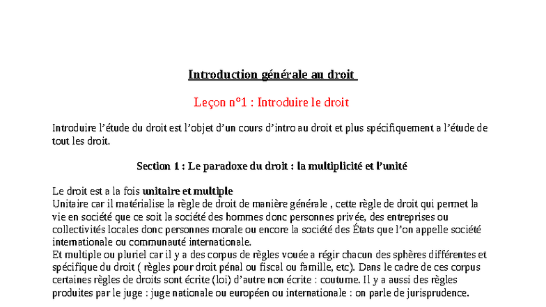 Intro GE - cours - Introduction générale au droit Leçon n°1 ...