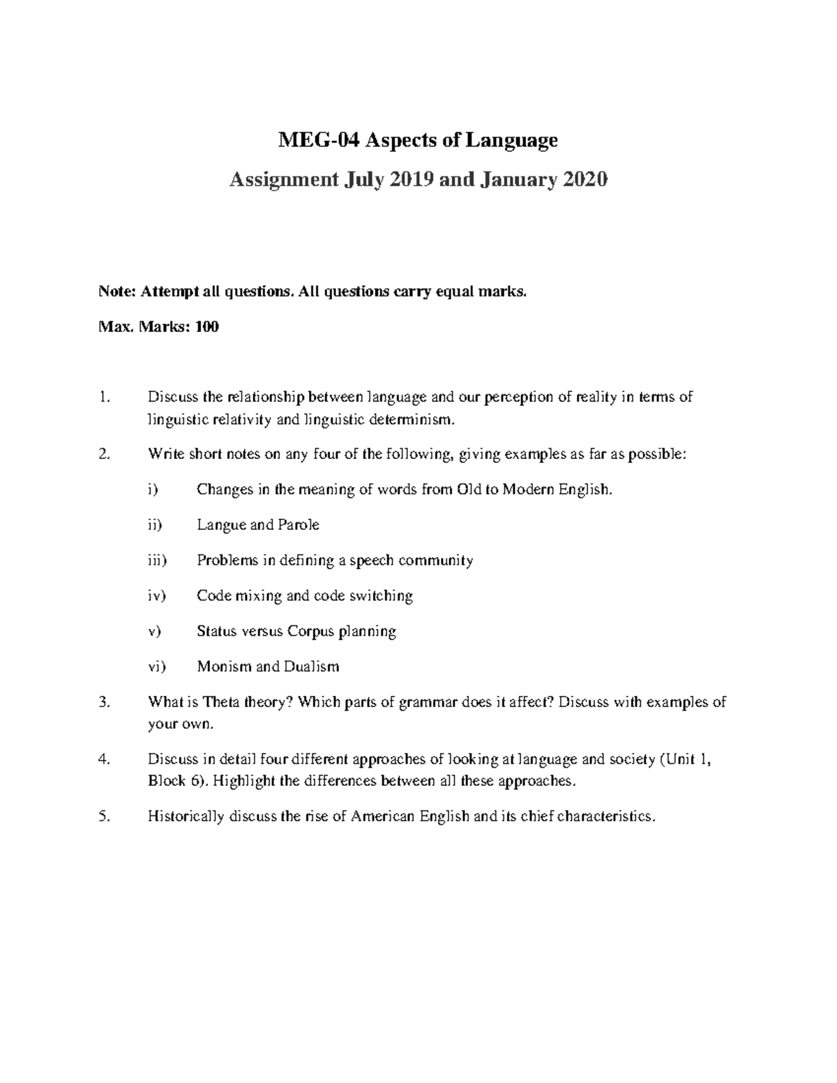MEG-4 assignment 2019-2020 - MEG-04 Aspects of Language Assignment July ...