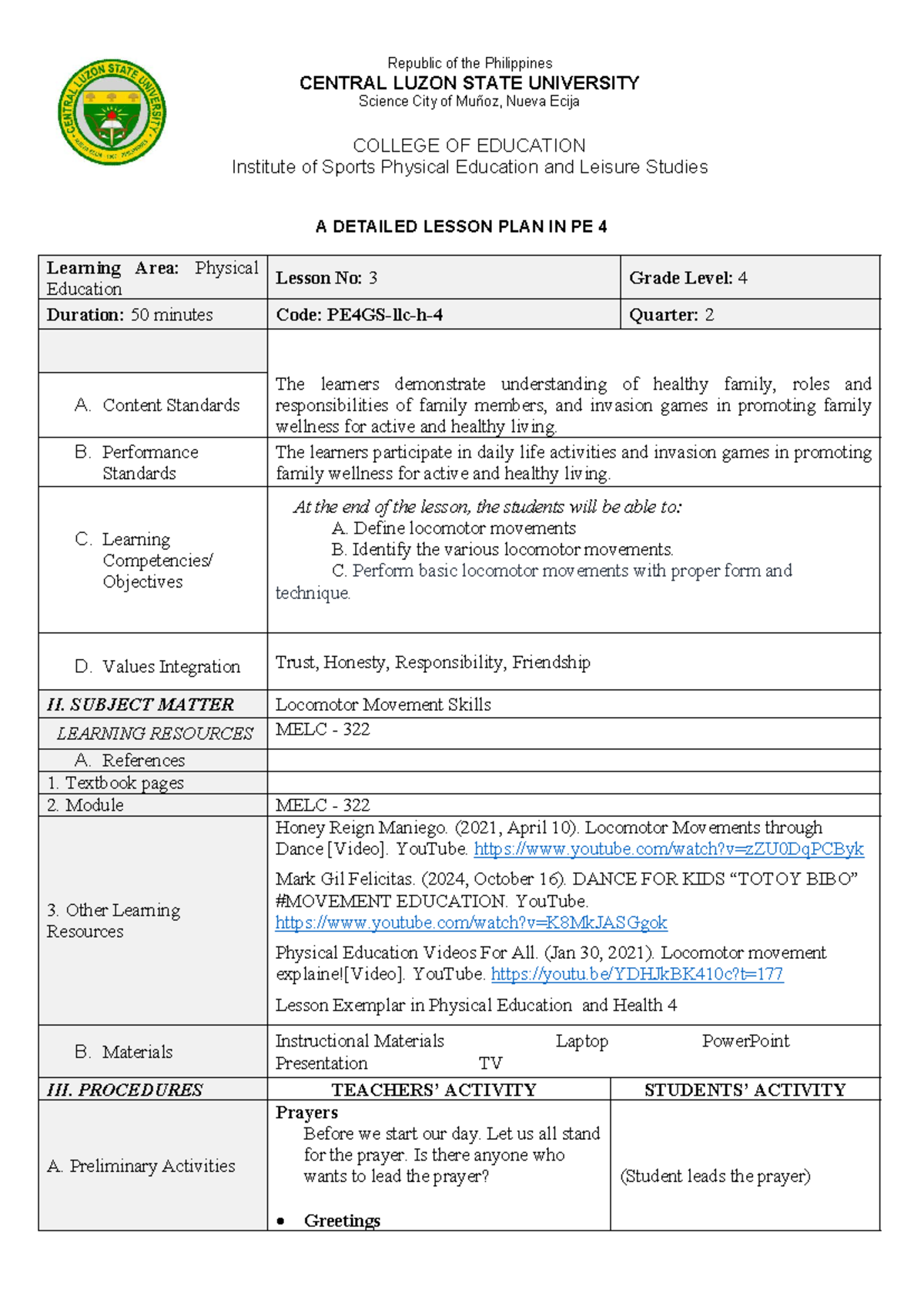 DLP-PE4-03 - Detailed Lesson Plan on Locomotor Movements for Grade 4 ...