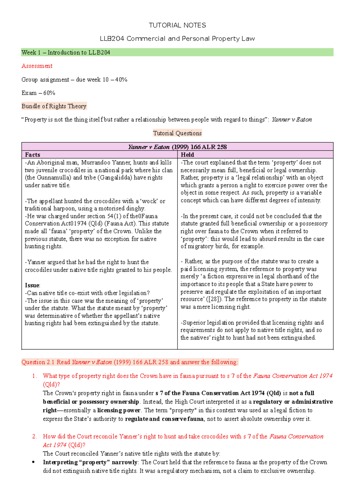 LLB204 Tutorial Notes: Week 1 - Introduction to Property Law Concepts ...