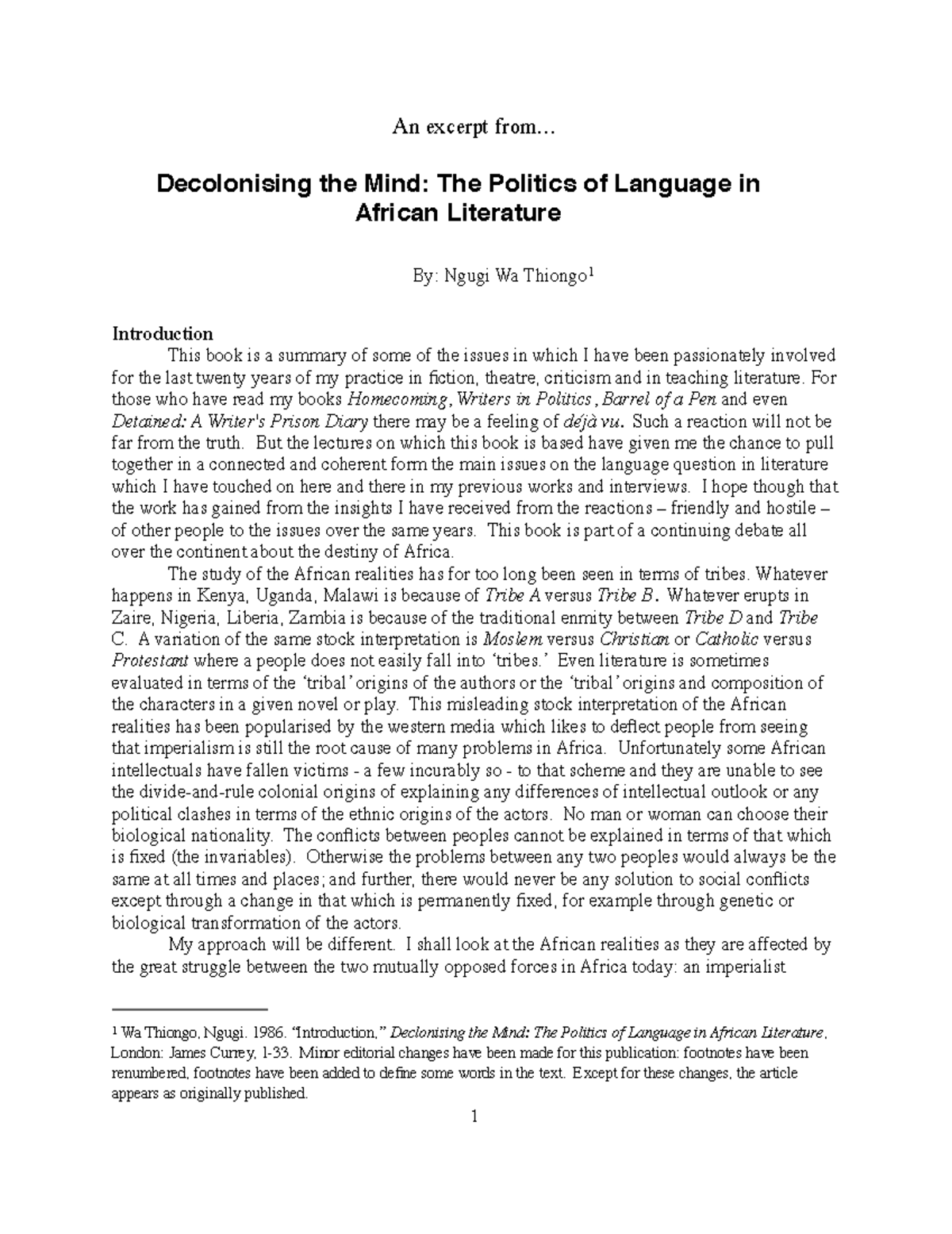 Decolonising the Mind: The Politics of Language in African Literature ...