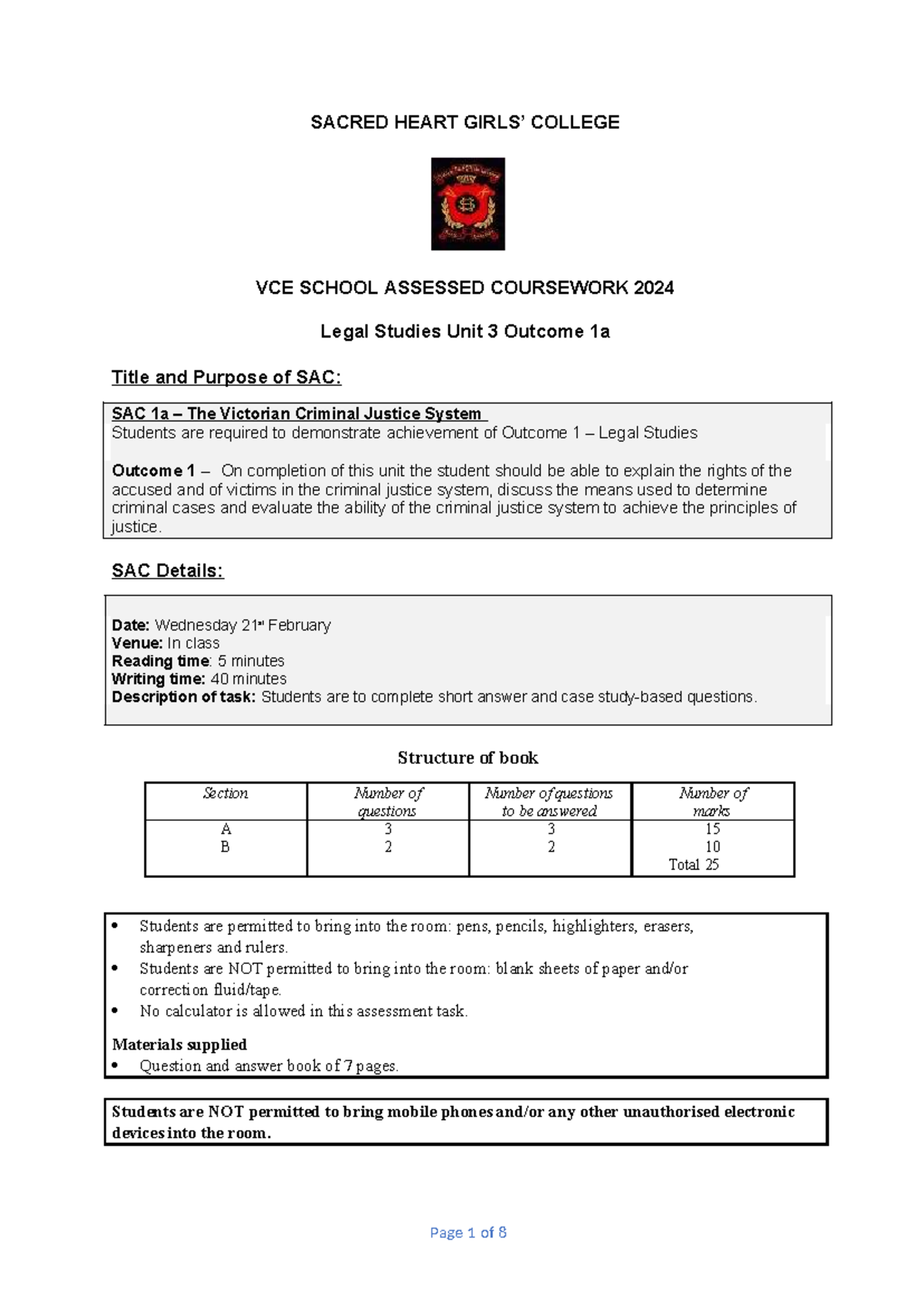 U3 AOS1a Legal Studies SAC - The Victorian Criminal Justice System 2024 ...