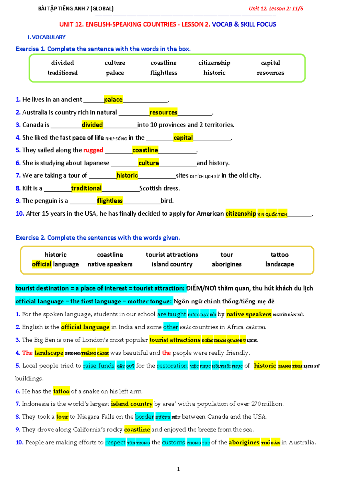 BÀI TẬP TIẾNG ANH 7 (GLOBAL) Unit 12: Lesson 2 Vocabulary & Skills ...