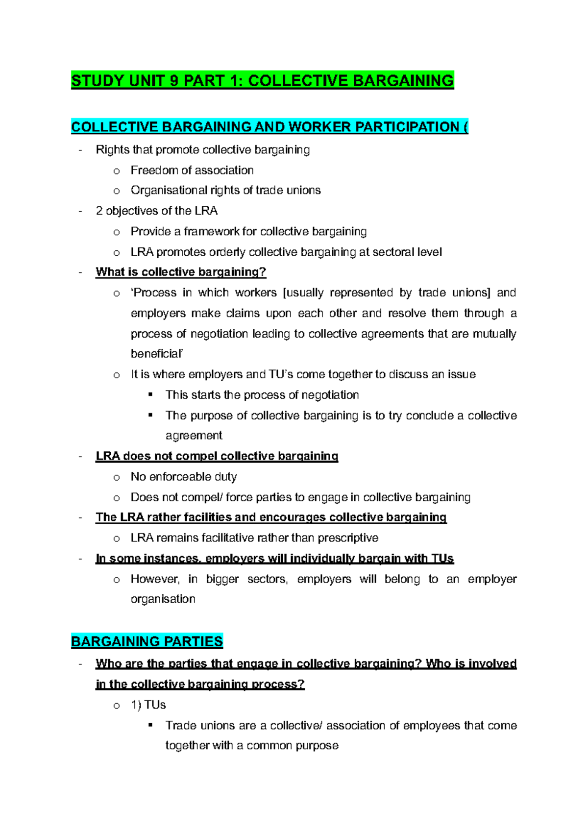 Study Unit 9 - Collective Bargaining and Strike Regulations Notes - Studocu