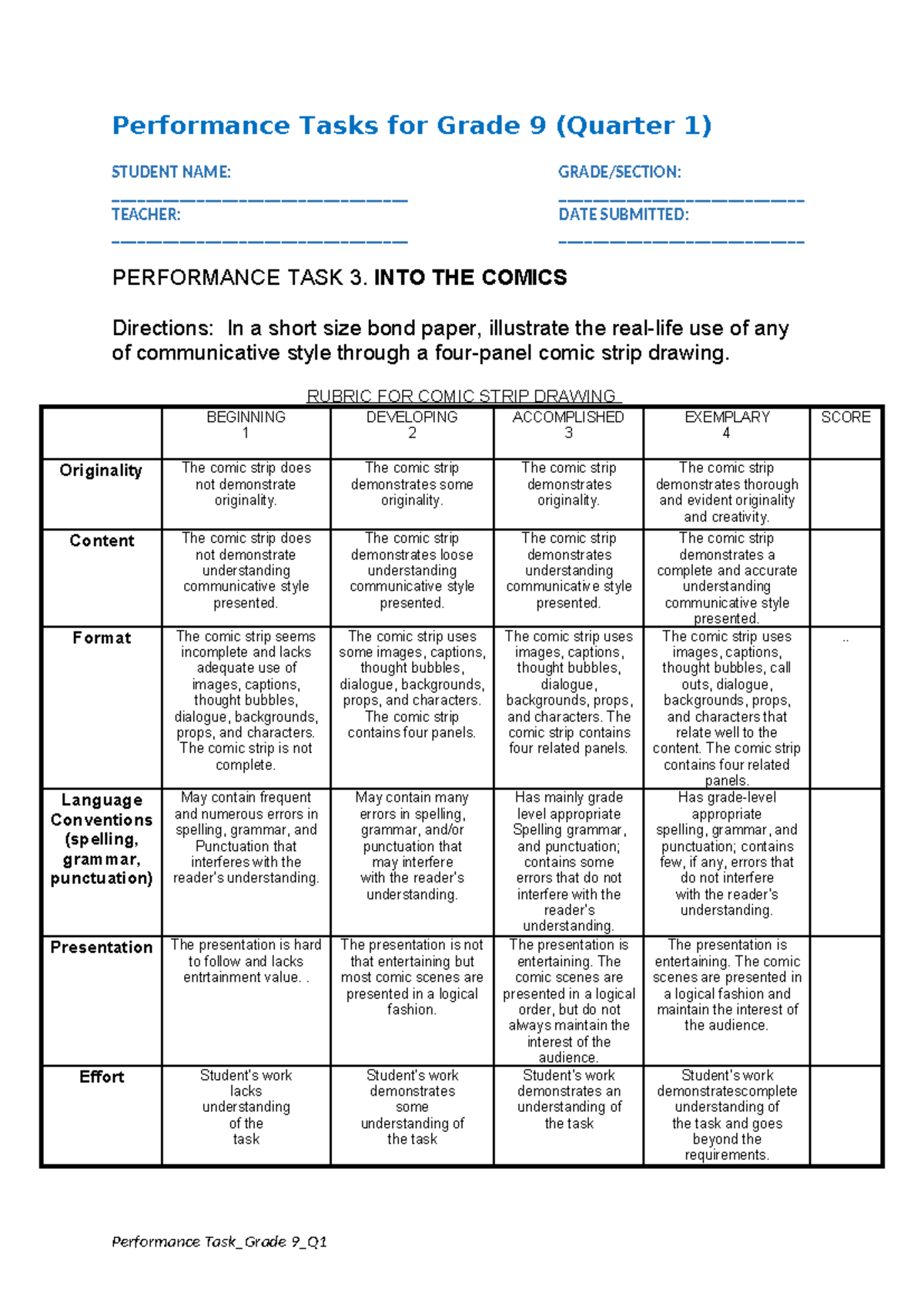 542434049 Grade 9 Performance Task: Comic Strip Project Guide - Studocu