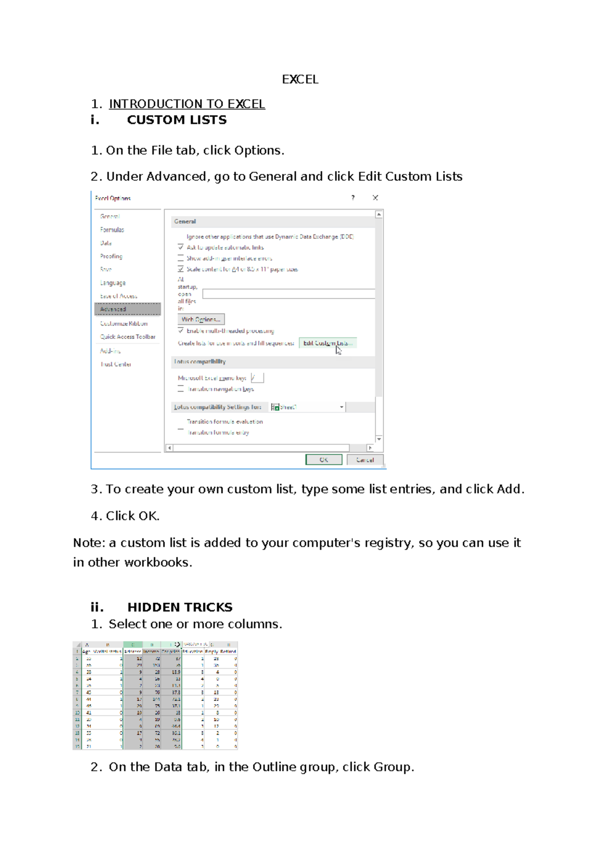 EXCEL 1: INTRODUCTION TO CUSTOM LISTS & HIDDEN TRICKS - Studocu
