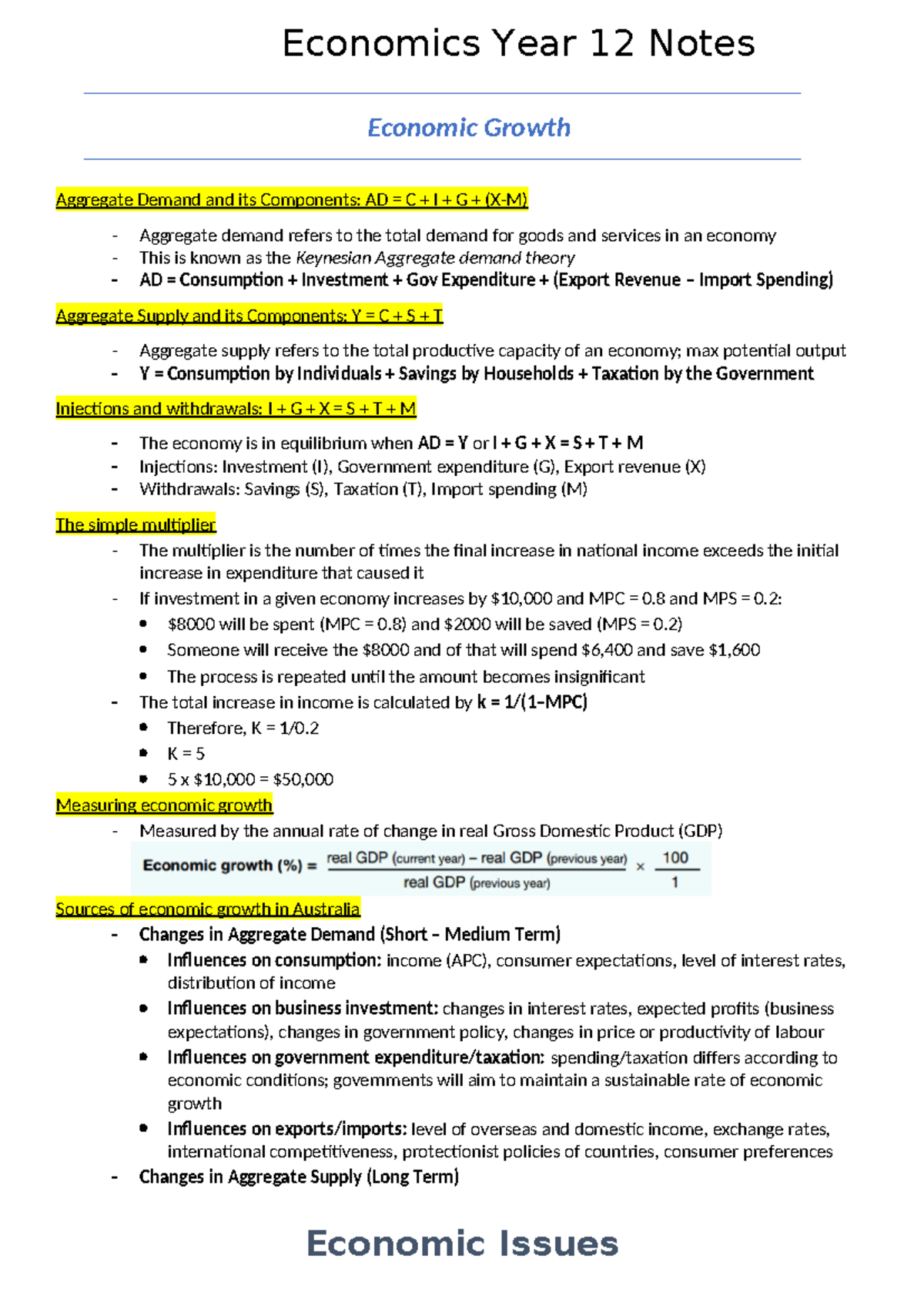 Economics Year 12 Notes: Economic Growth & Issues (SW - Topic 3) - Studocu