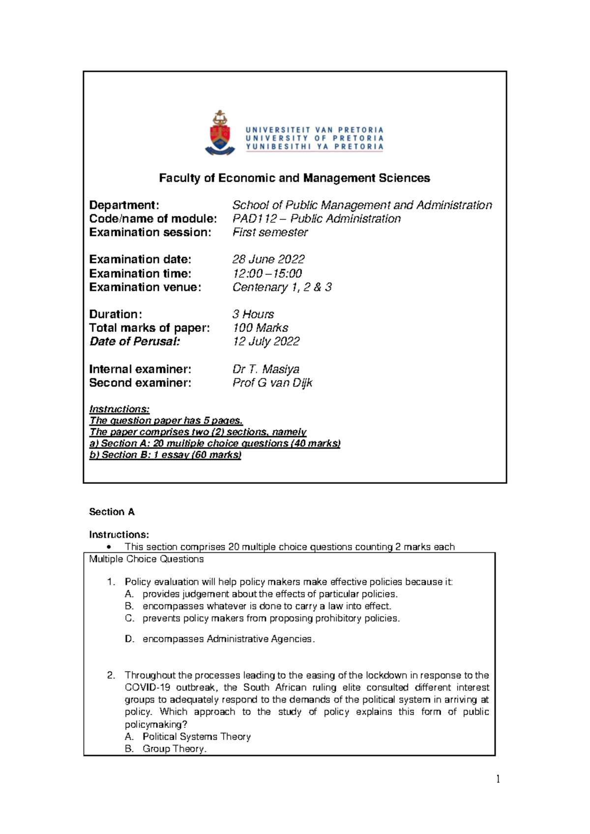 PAD112 Final Exam June 2022 - Public Administration - Studocu