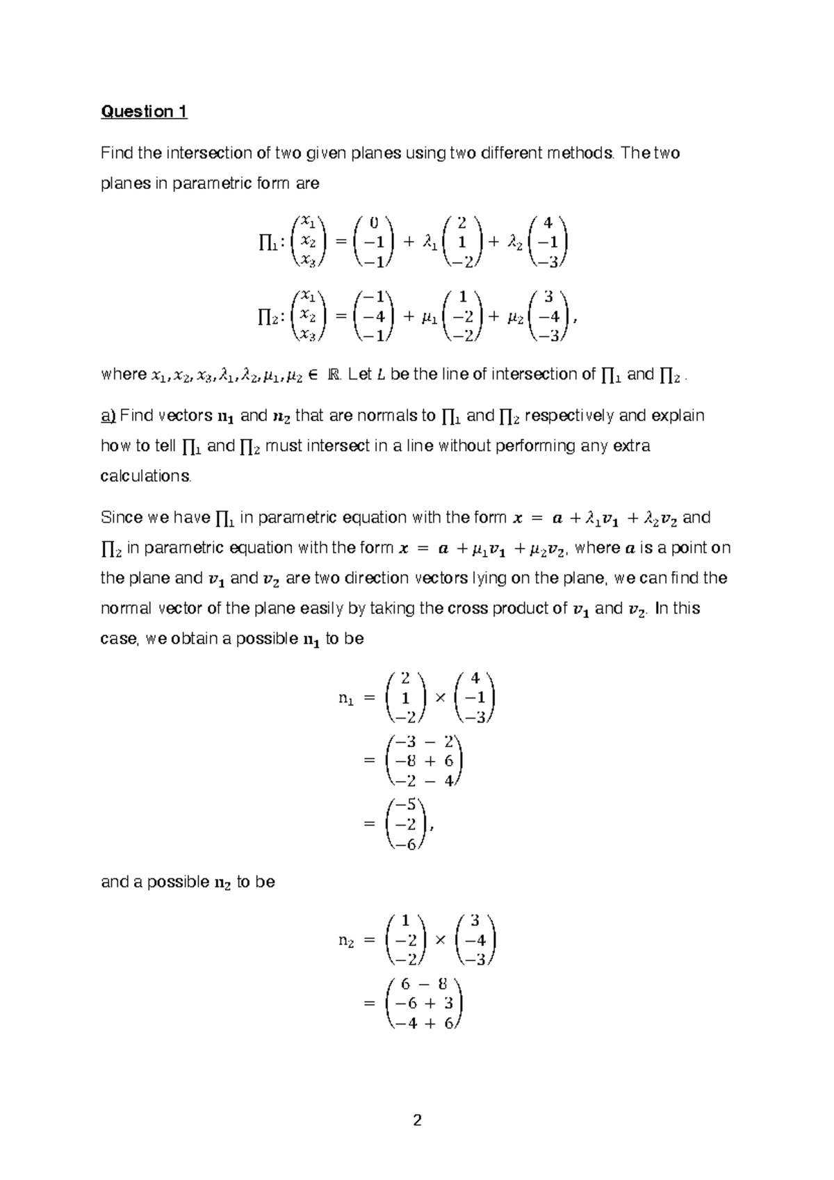 MATH 1131 Assignment Q1: Intersection of Two Planes Methods - Studocu