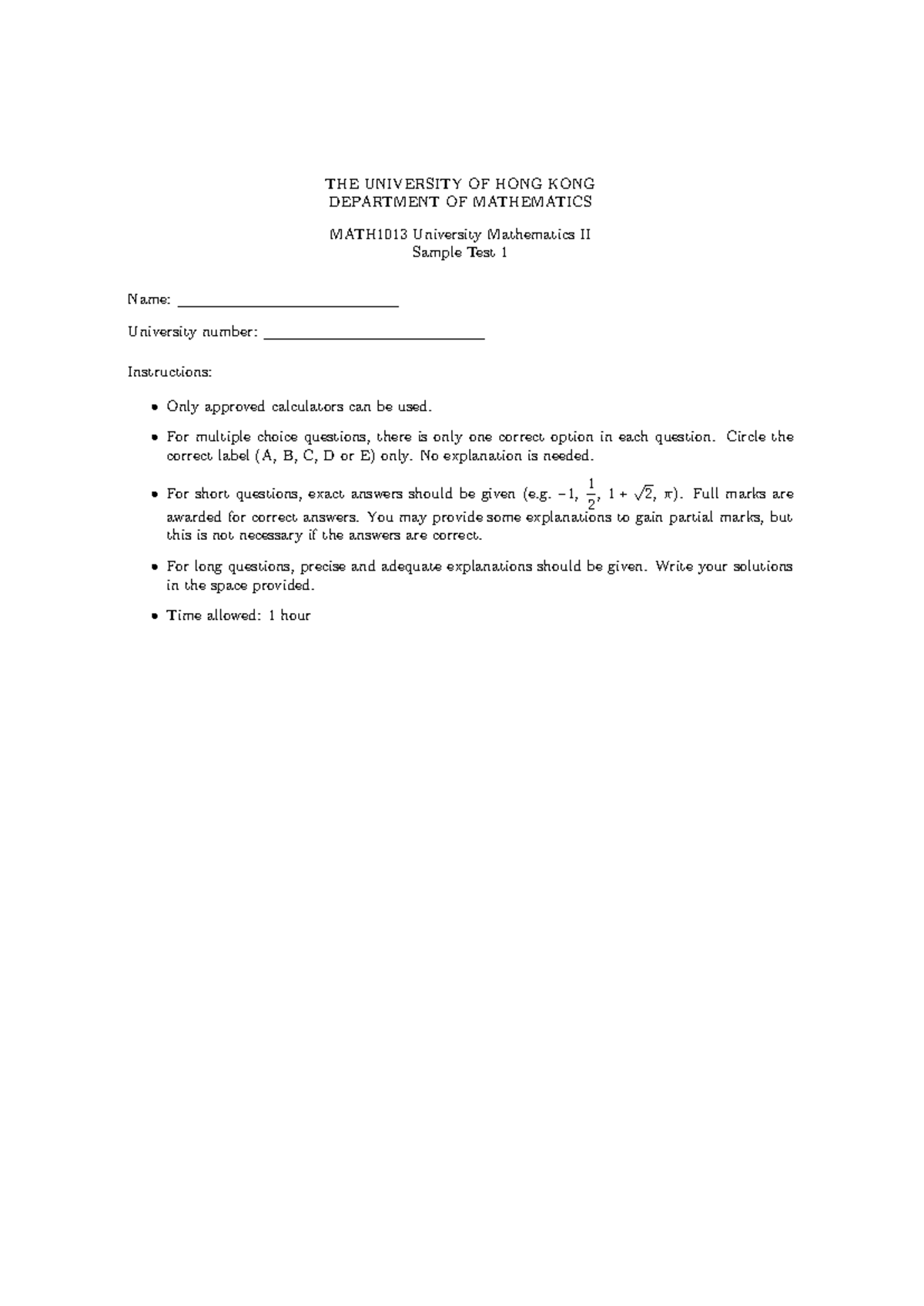 Sample Test 1 - Test 1 - THE UNIVERSITY OF HONG KONG DEPARTMENT OF ...