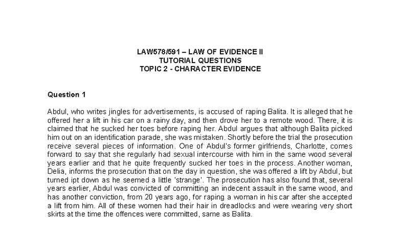 LAW578/591 Tutorial 2 - Detailed Analysis of Character Evidence - Studocu