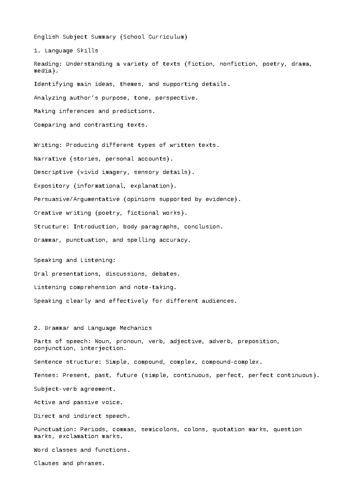 ENG 101: Comprehensive English Subject Summary for Curriculum - Studocu