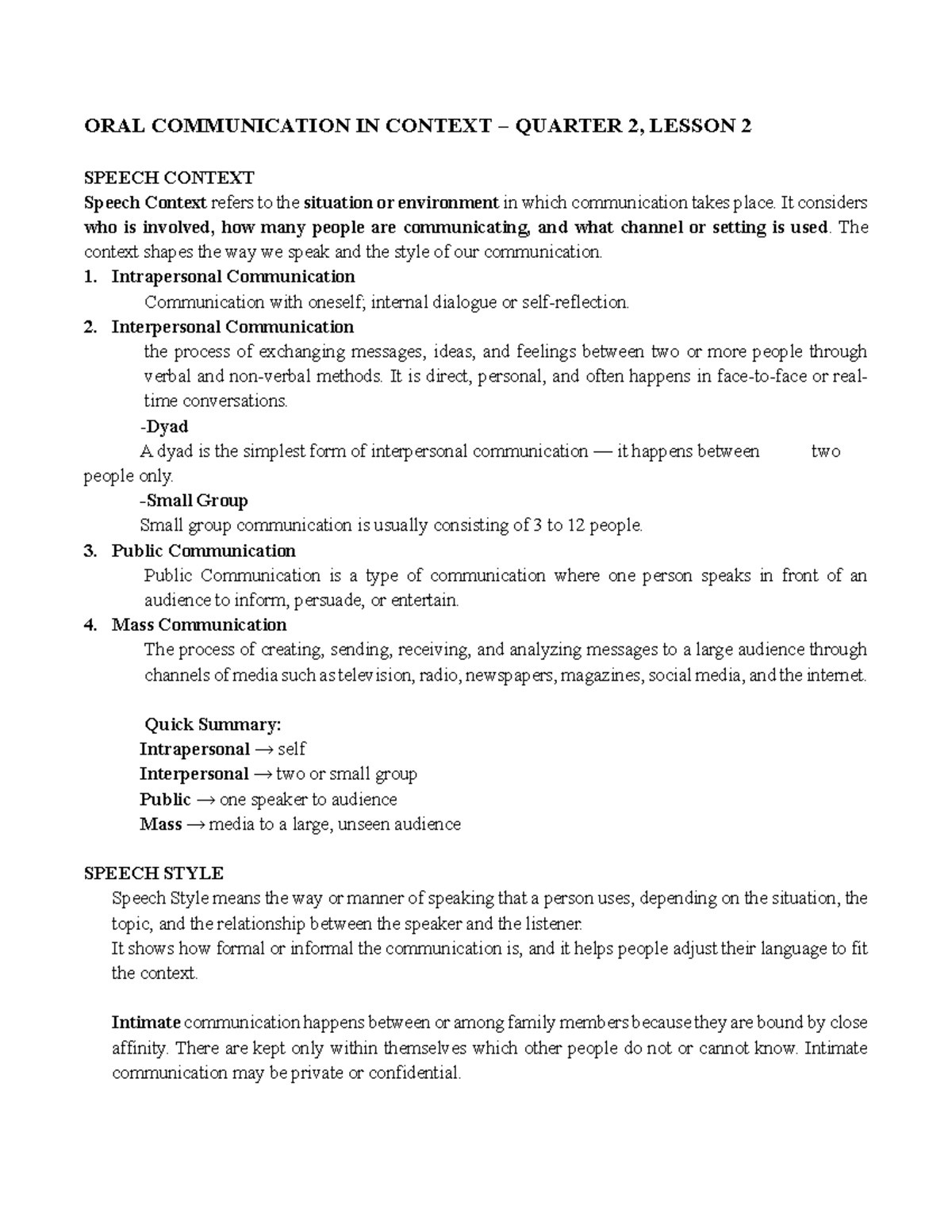 OCC Q2 W2: Lesson 2 - Understanding Speech Context and Styles - Studocu