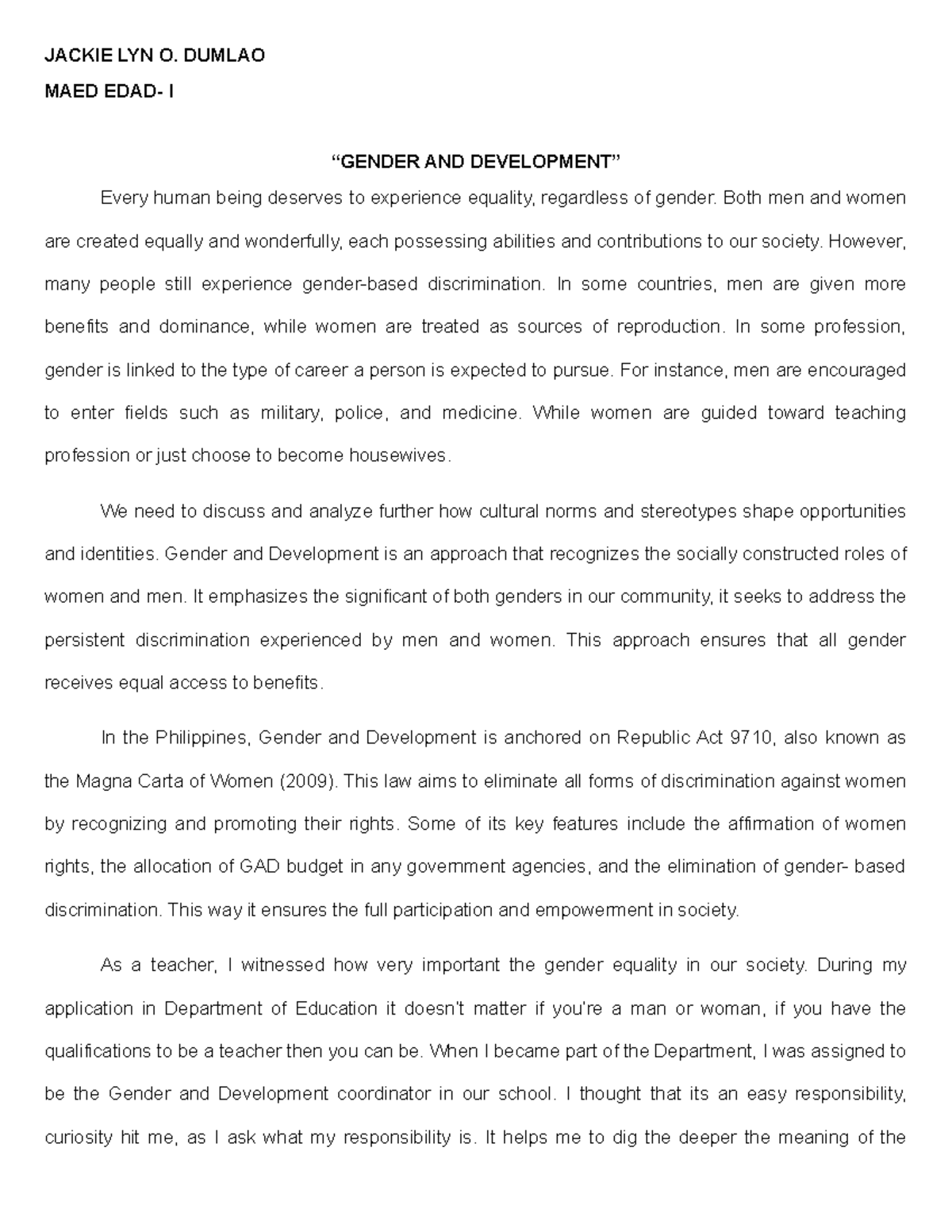 Gender and Development: Analyzing Equality and Discrimination - Studocu