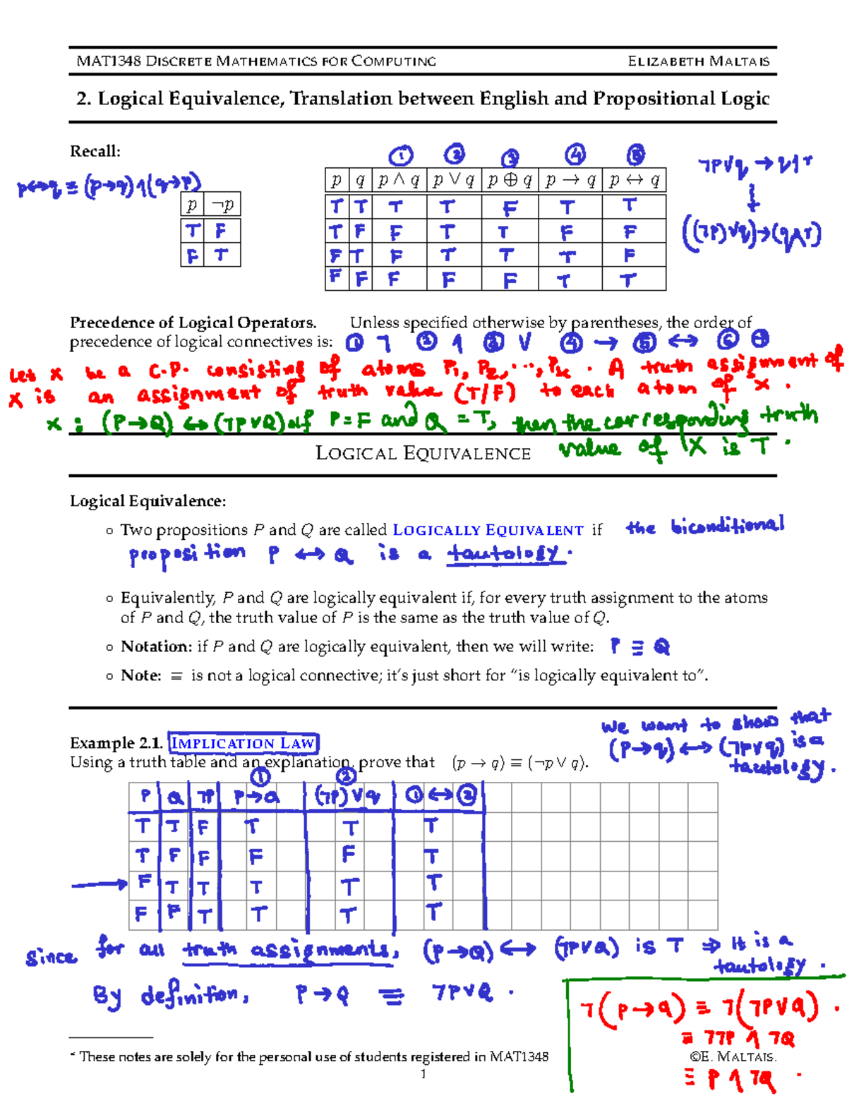 MAT1348 Discrete Mathematics: Logical Equivalence and Quantifiers Notes ...