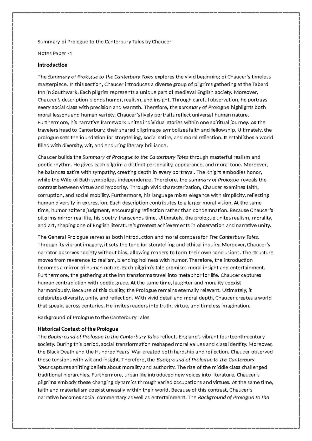 Summary of Prologue to the Canterbury Tales (ENG 101) - Chaucer Notes ...