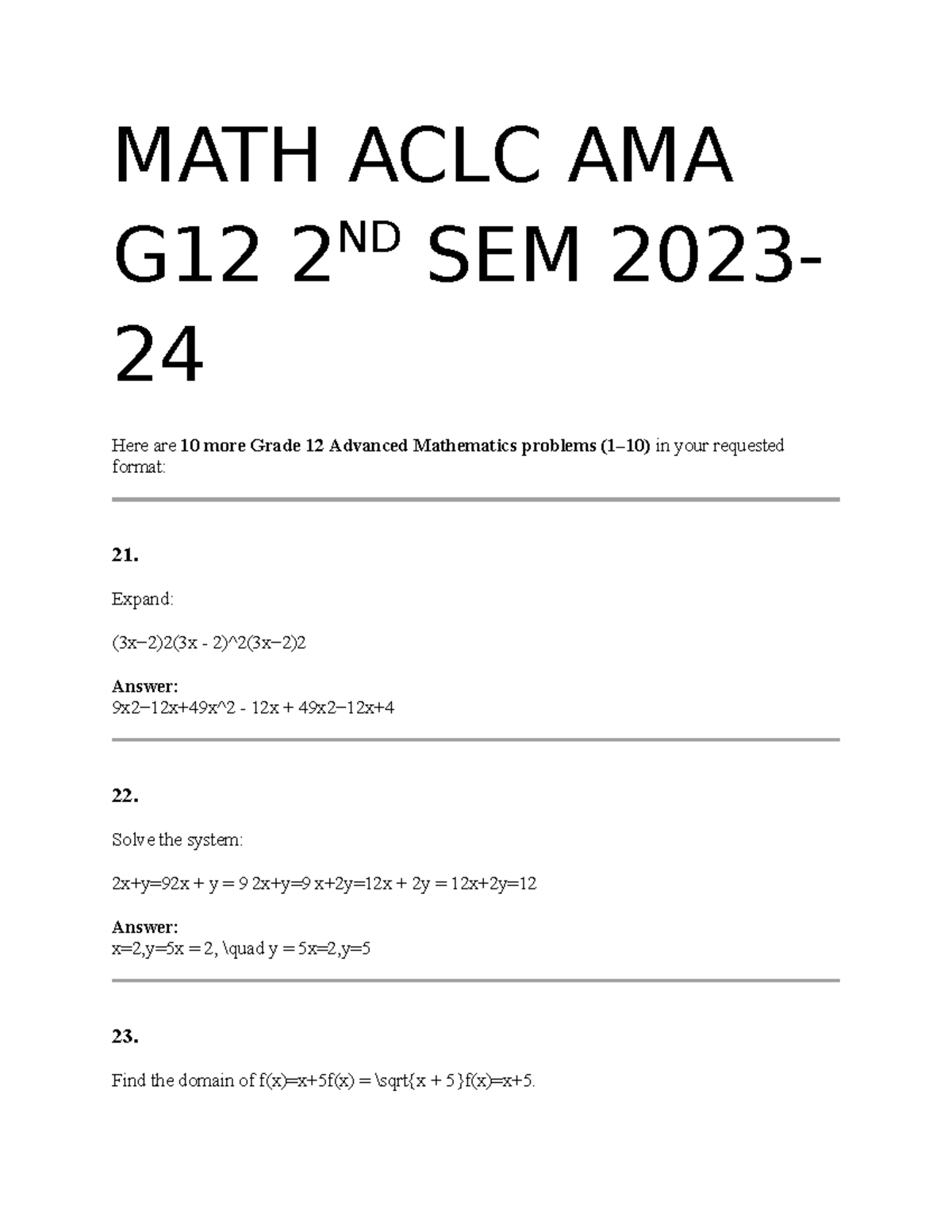 MATH ACLC AMA G12 2ND SEM 2024 Advanced Math Problems - Studocu